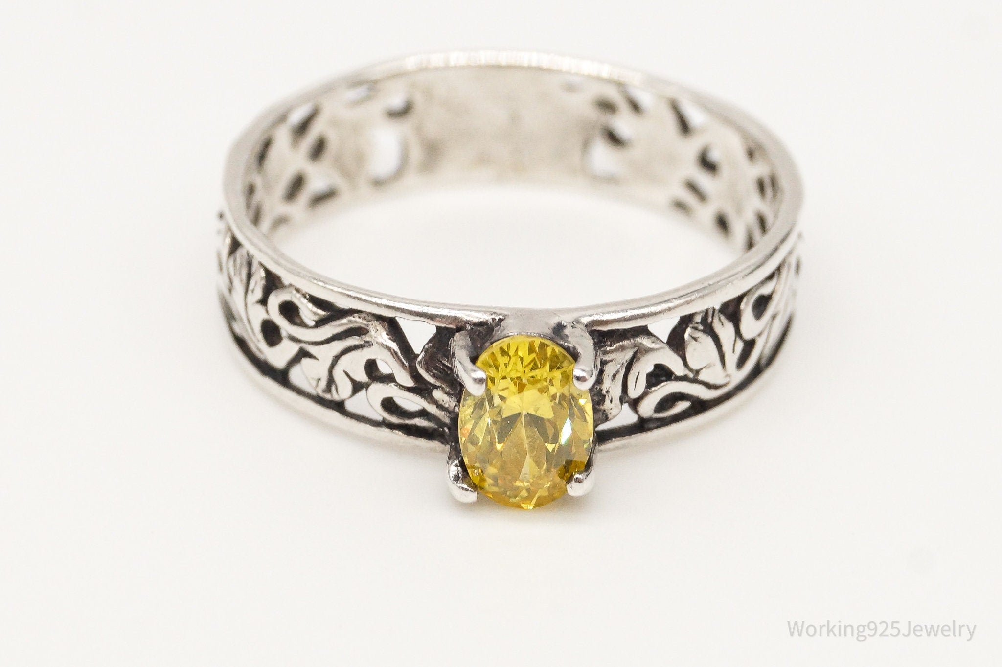 Vintage Yellow Cubic Zirconia Sterling Silver Ring Size 6.75