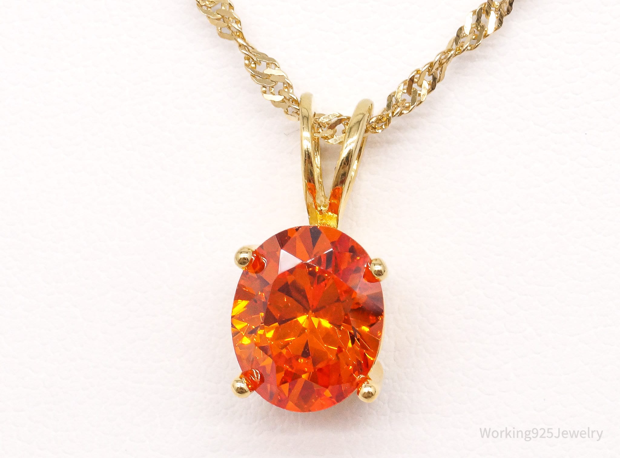 Vintage Fire Orange Cubic Zirconia Gold Vermeil Sterling Silver Necklace 18"