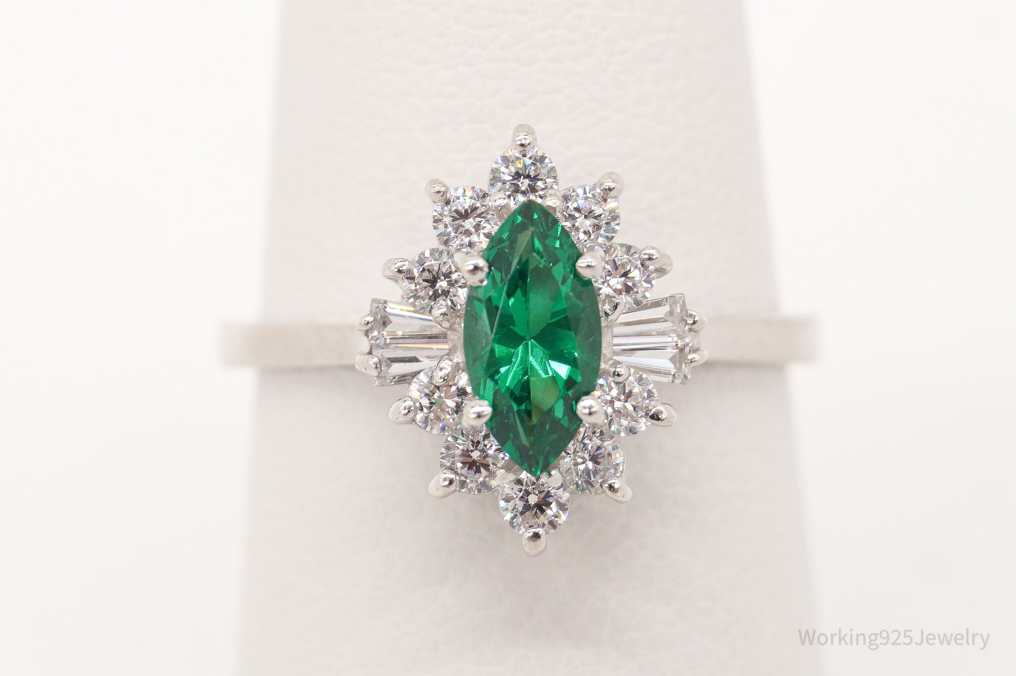 Vintage Lab Emerald Cubic Zirconia Sterling Silver Ring - Size 6.75