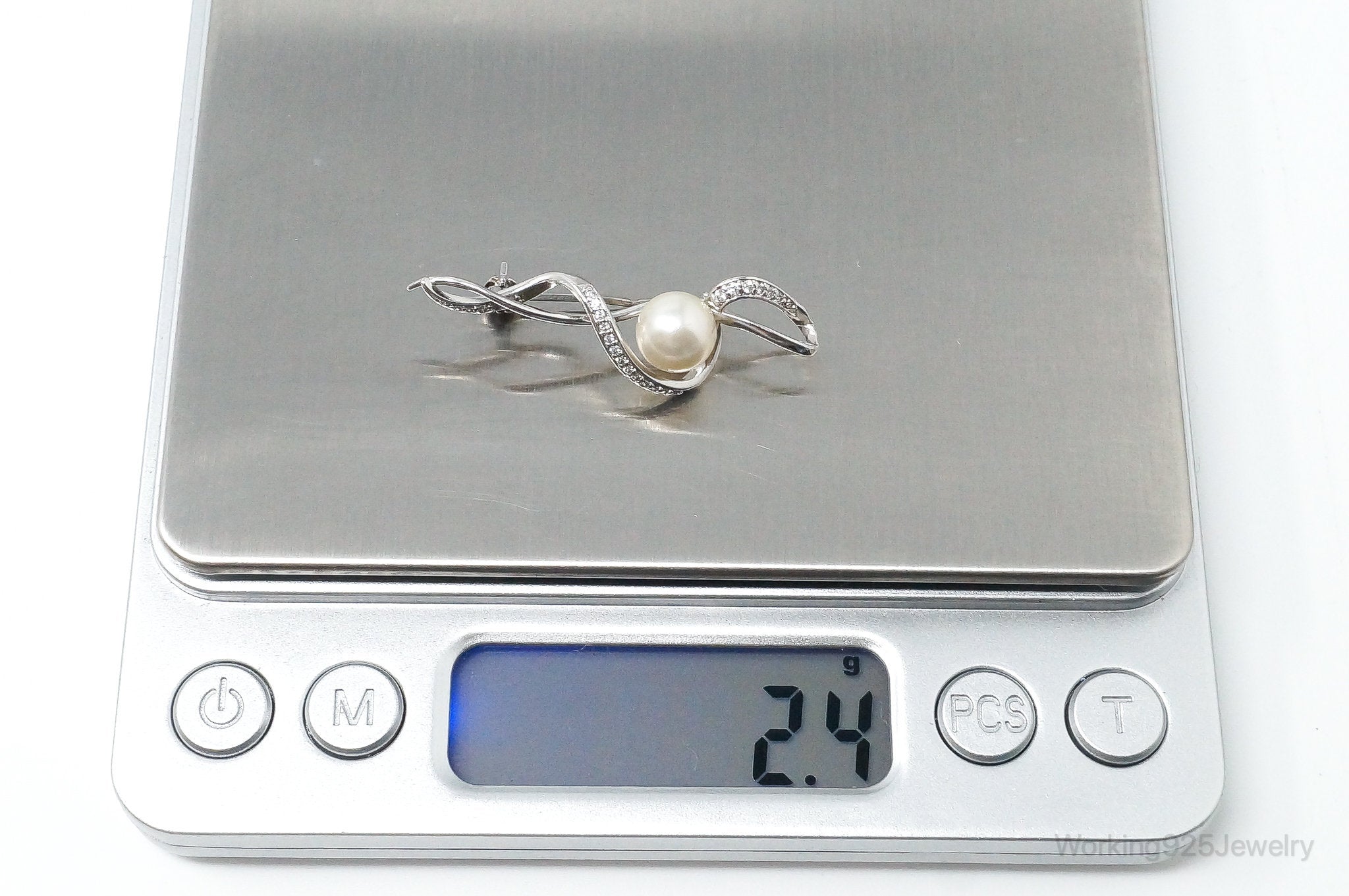 Vintage Pearl Cubic Zirconia Sterling Silver Brooch Pin