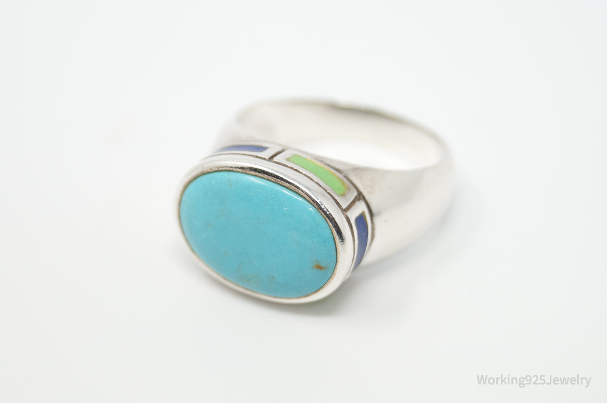 Vintage Southwestern Style Turquoise Dome Gem Inlay Sterling Silver Ring - Sz 9