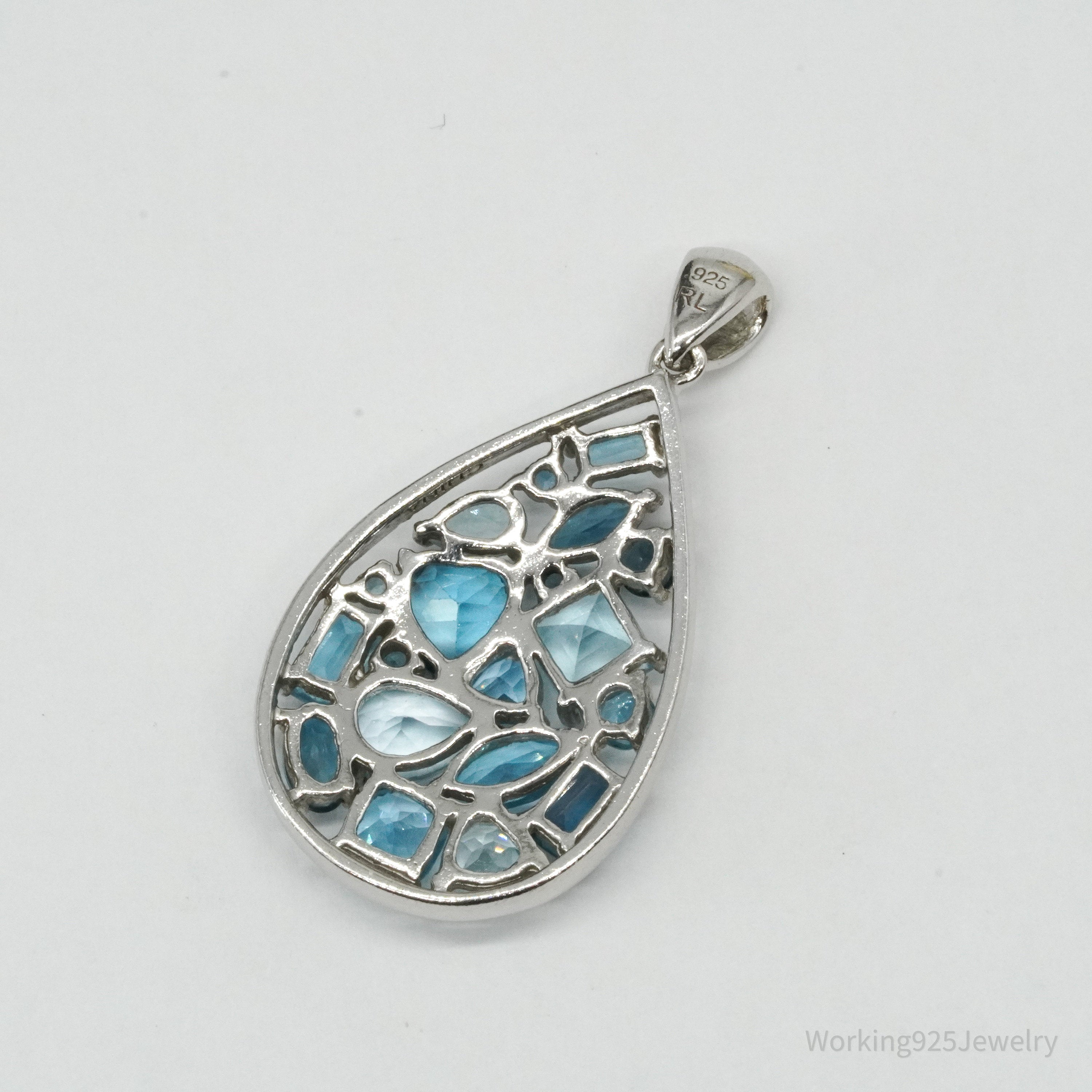 Vintage Blue Topaz Cluster Sterling Silver Necklace Pendant