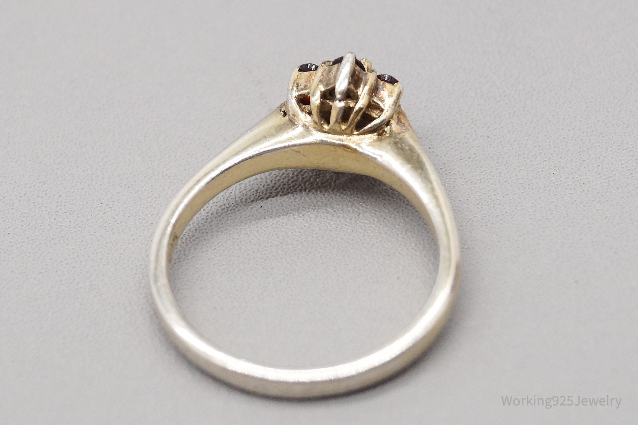 Vintage Bohemian Garnet Flower Gold Wash Sterling Silver Ring - Size 6.75