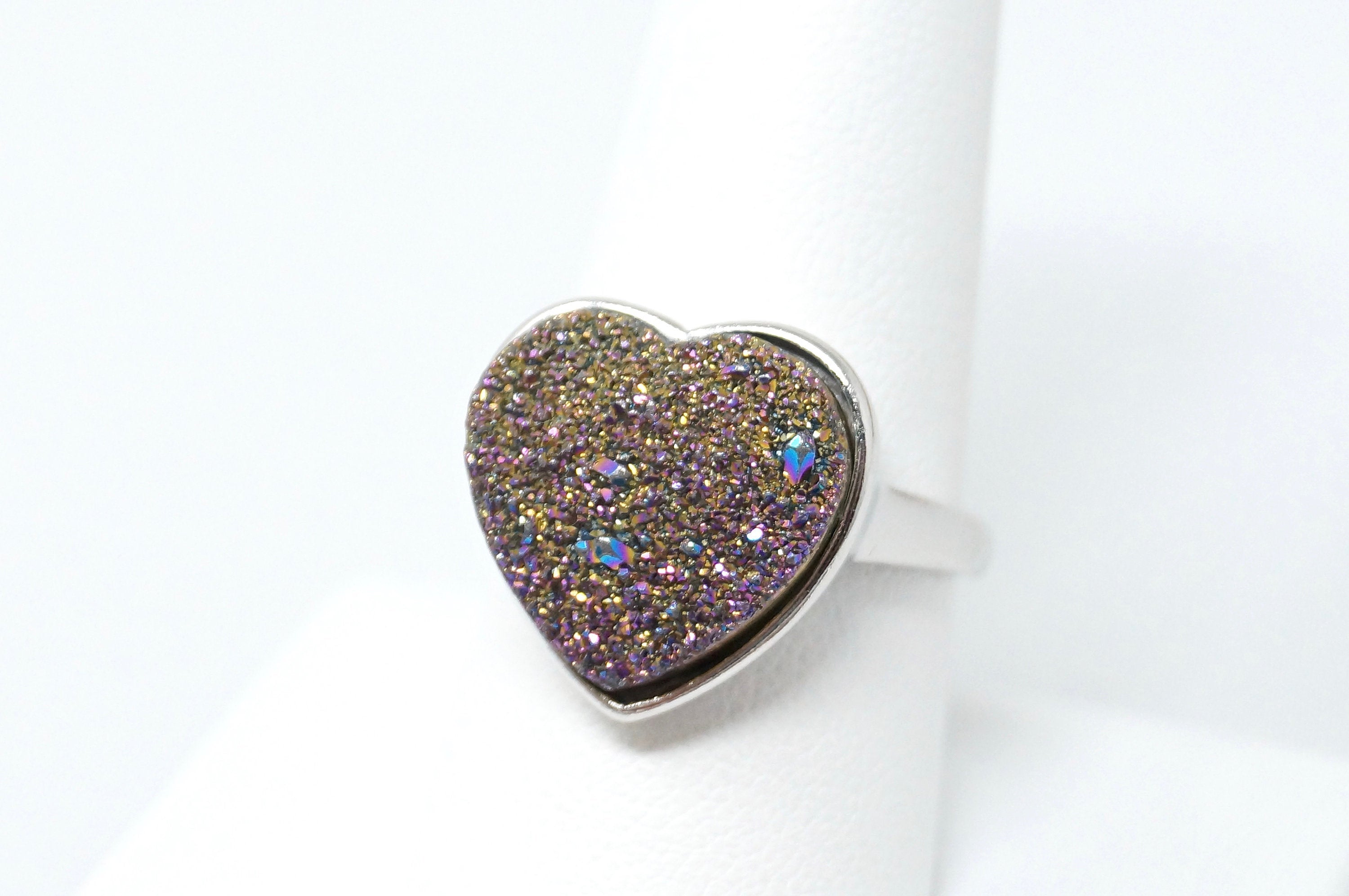 Vintage Rainbow Druzy Quartz Heart Statement Ring Sterling Silver - Size 9