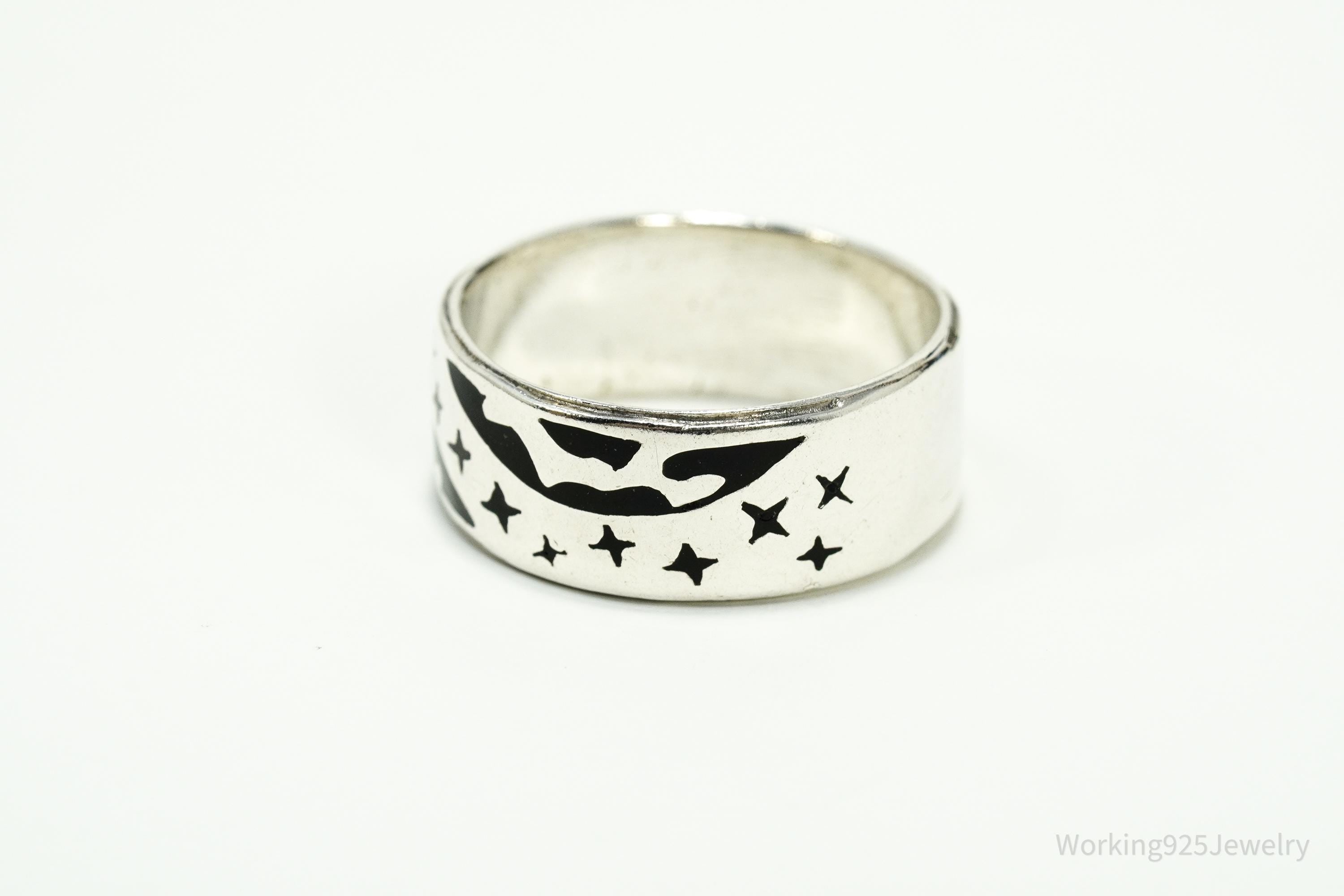 Vintage Earth & Stars Enamel Sterling Silver Band Ring - Size 10.5
