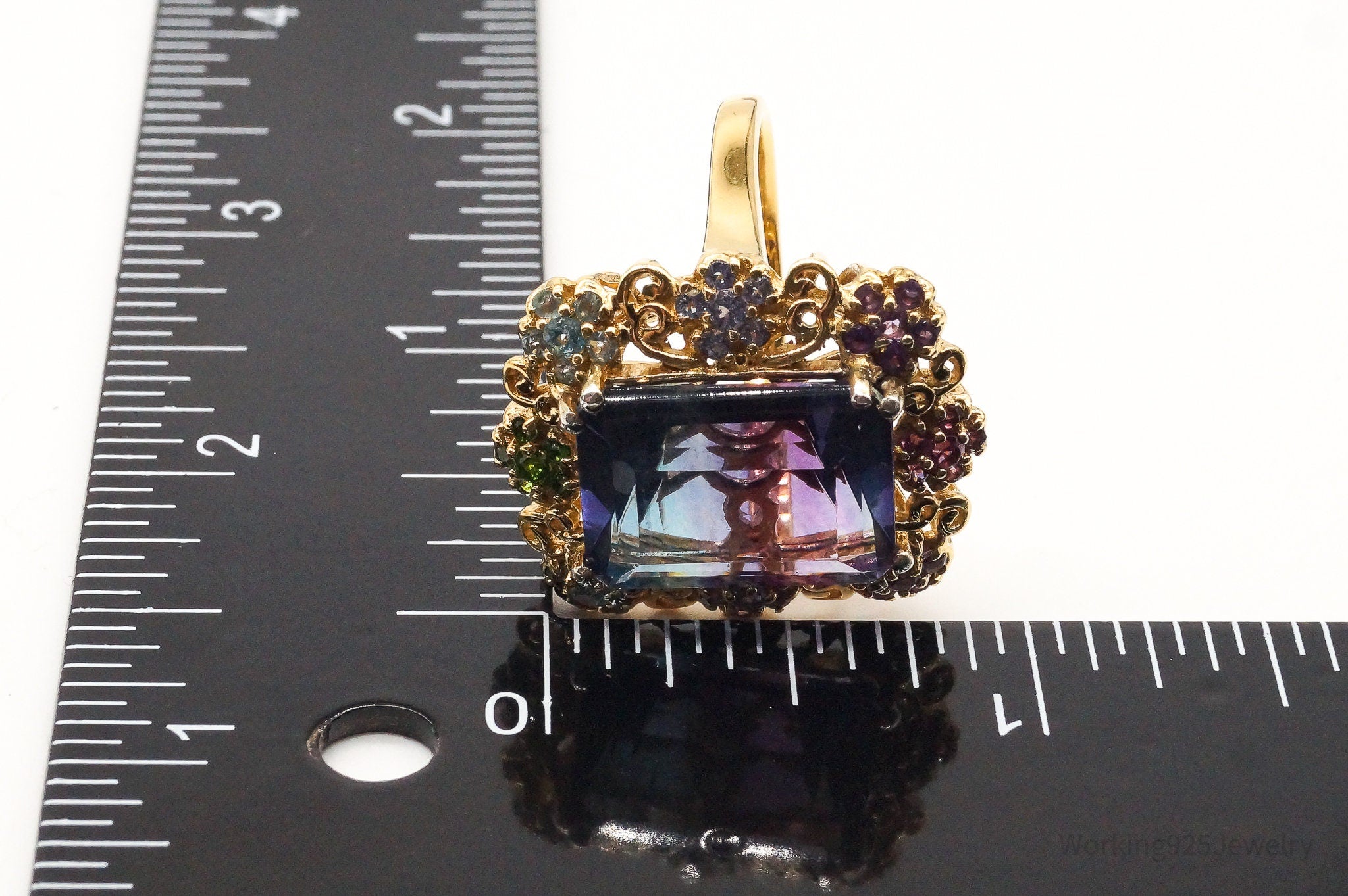 Vintage Large Fluorite Gold Vermeil Multi Stone Sterling Silver Ring - SZ 10.25