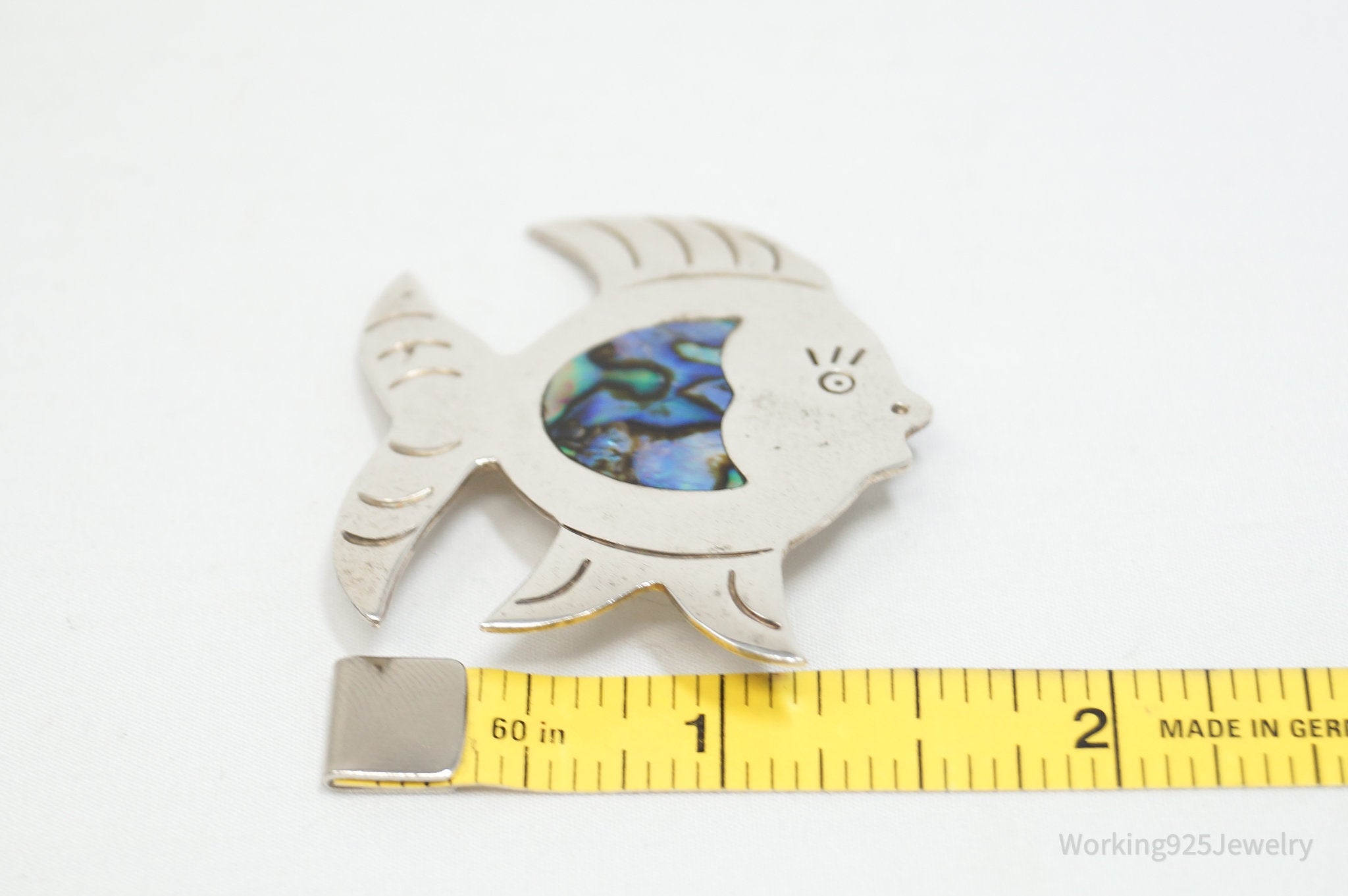 Vintage Mexico Alpaca Abalone Paua Shell Fish Sterling Silver Brooch Pin