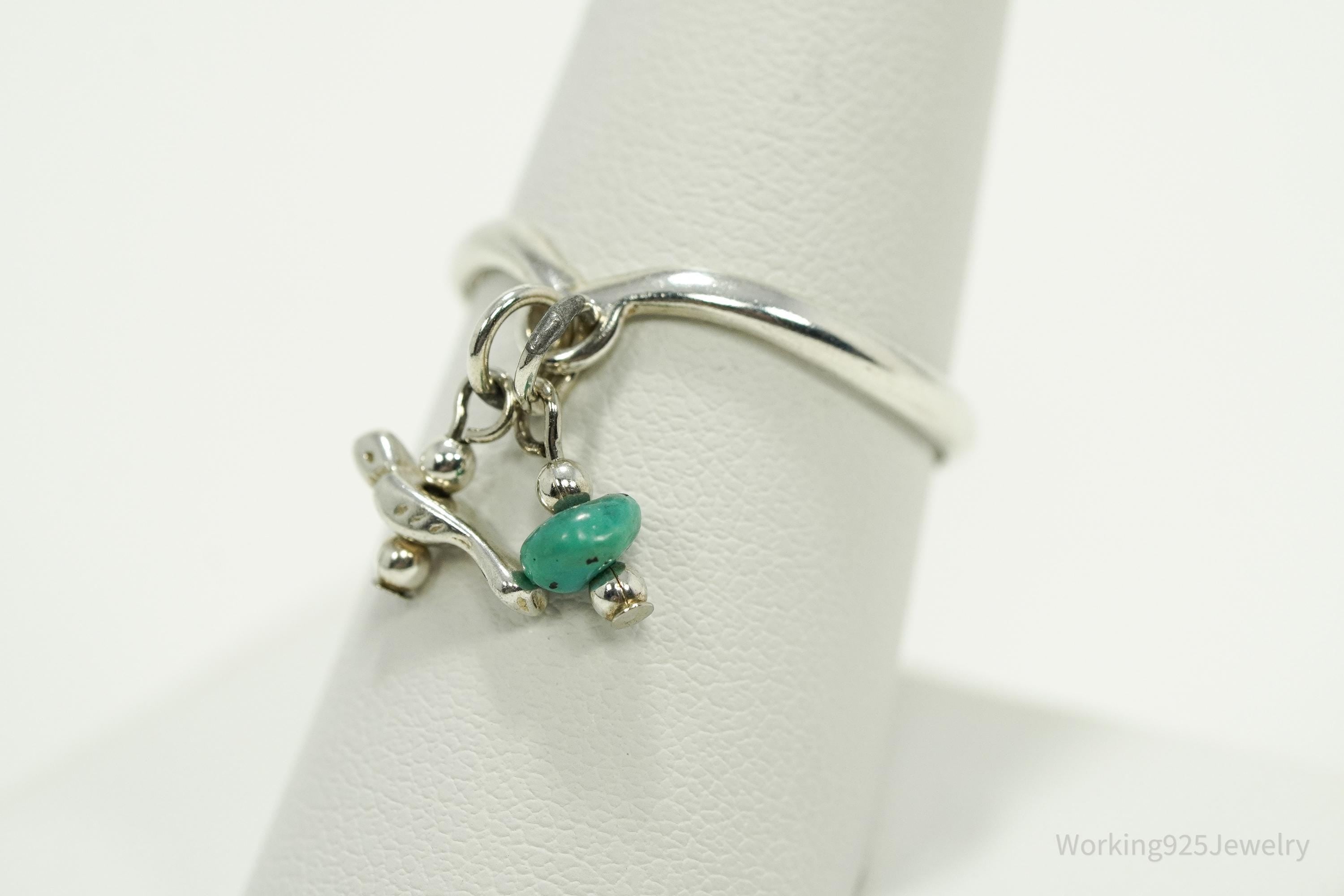 Vintage Native American Turquoise Nugget & Bird Charm Sterling Silver Ring - Size 9.25