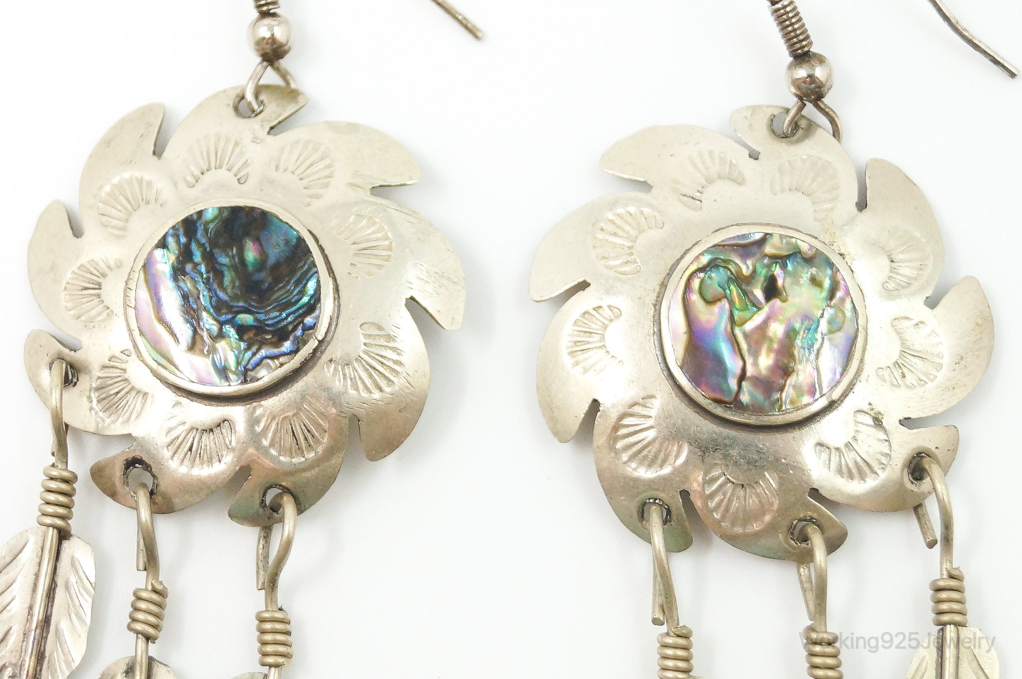 Vintage Mexico Abalone Shell Dreamcatcher Alpaca Silver Earrings