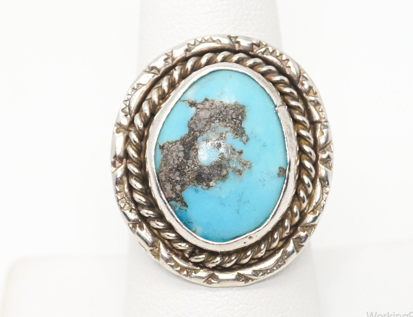 Vintage Native American Blue Turquoise Unsigned Sterling Silver Ring - Sz 8.25