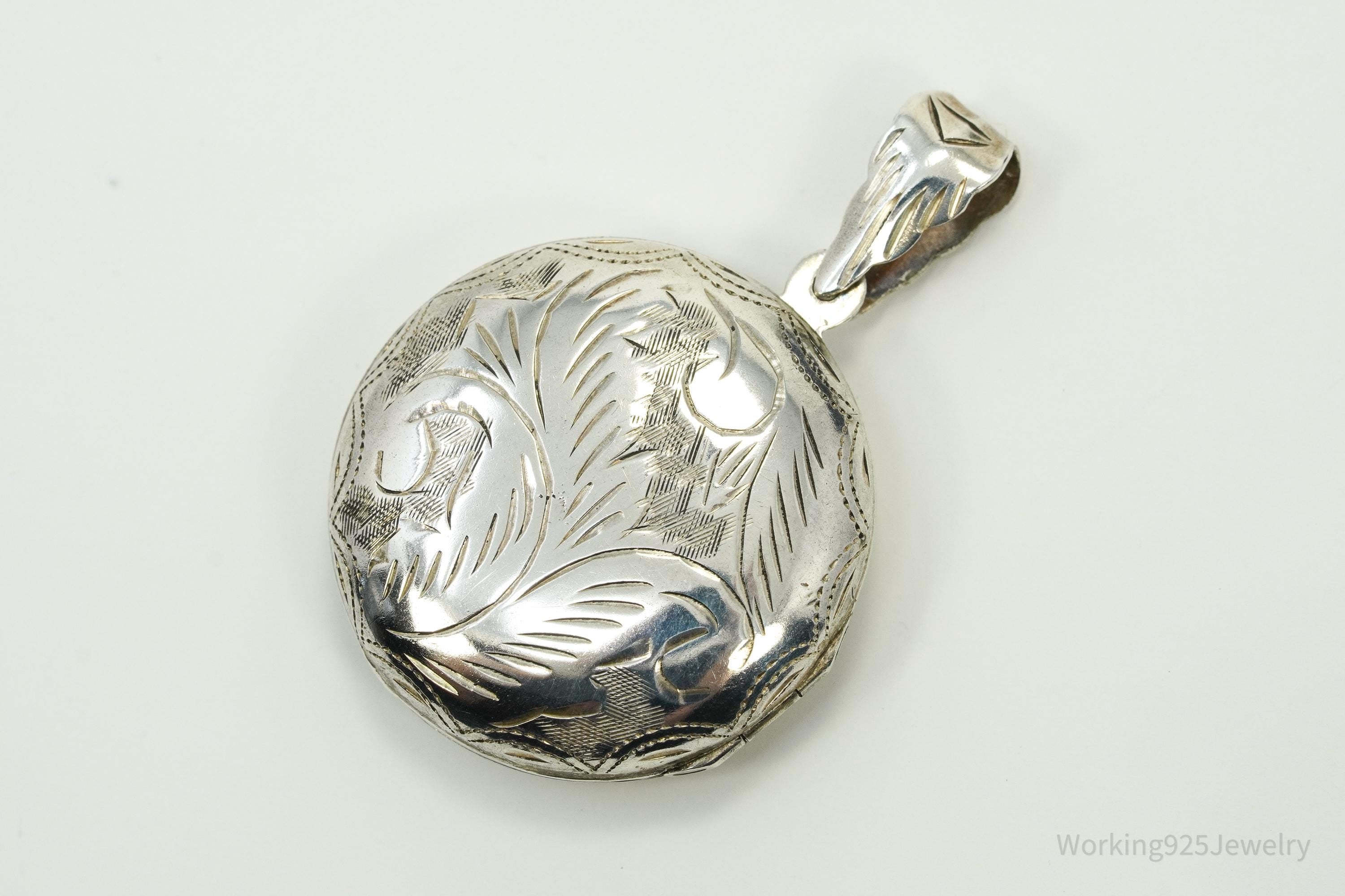 Vintage Round Etched Locket Sterling Silver Charm Pendant