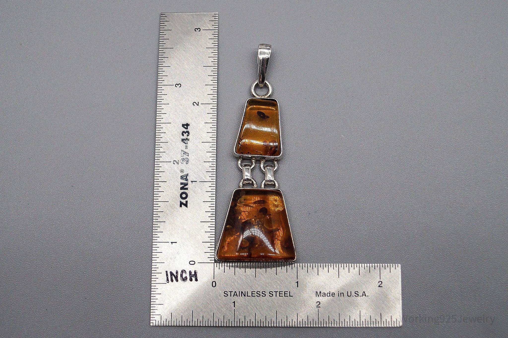 Large Vintage Amber Silver Necklace Pendant