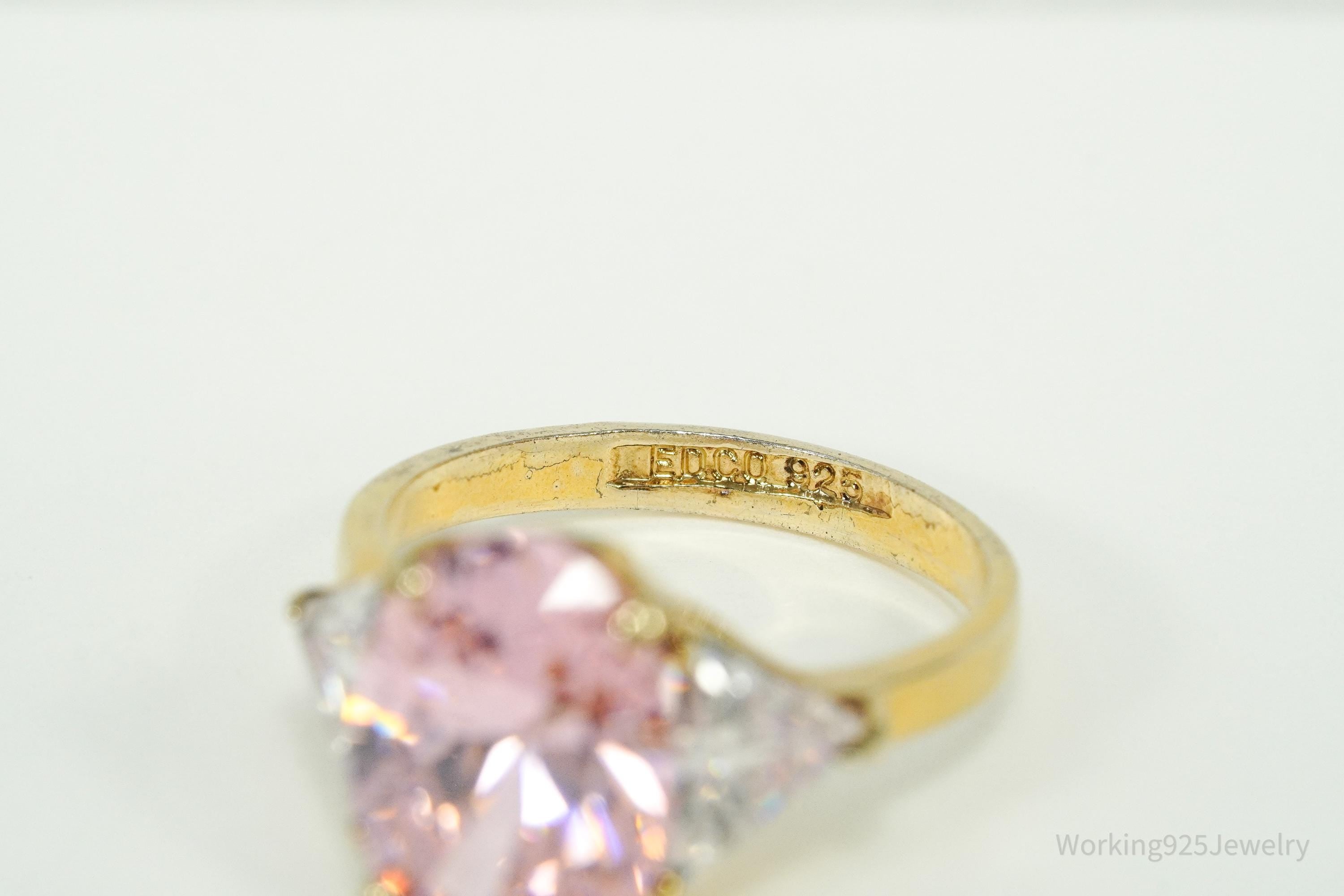 Vintage EDCO Pink & White Cubic Zirconia Gold Vermeil Sterling Silver Ring Size 8