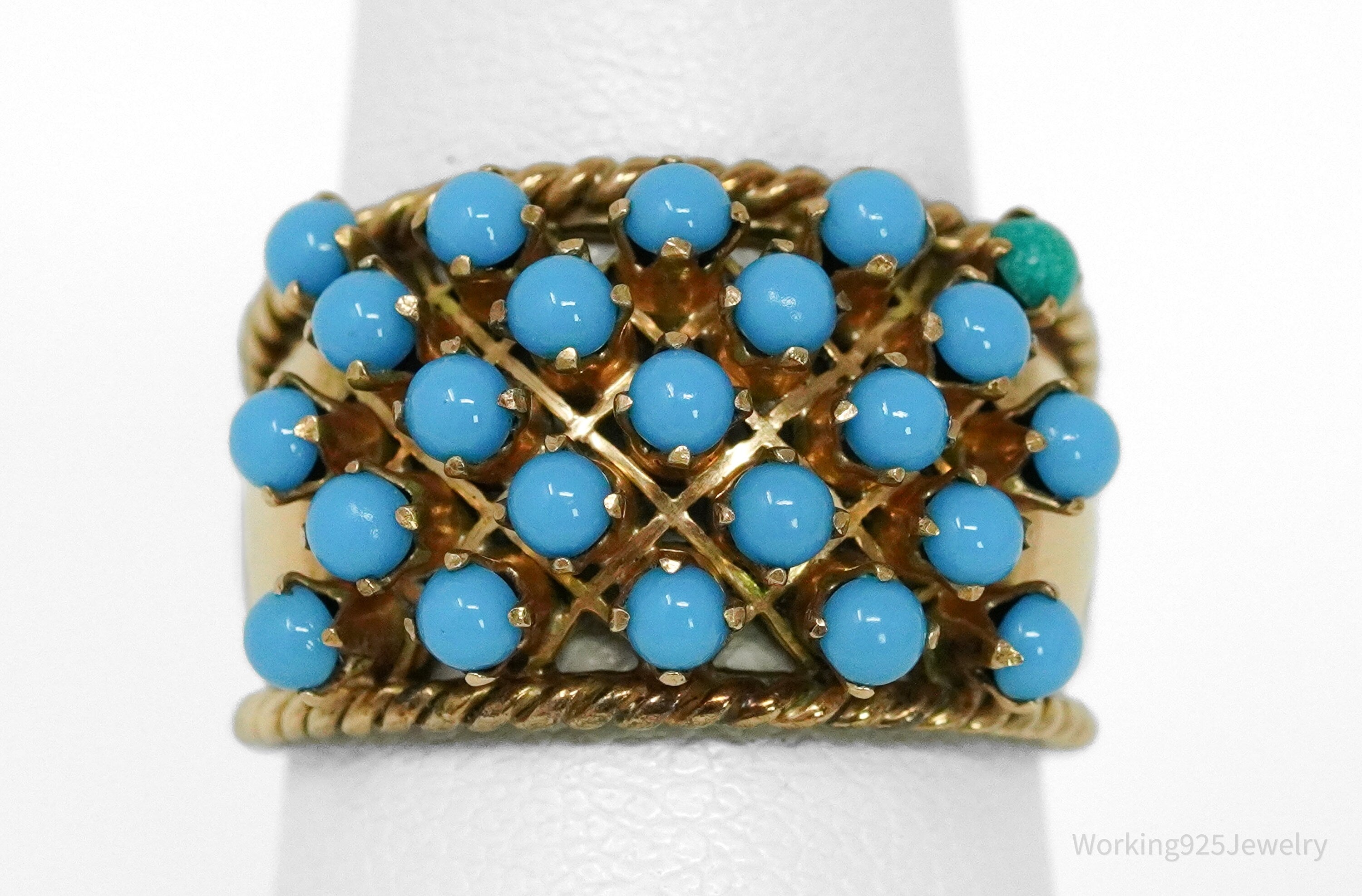 14K Yellow Gold & Turquoise Glass Cabochon Cocktail Ring - Size 6.25