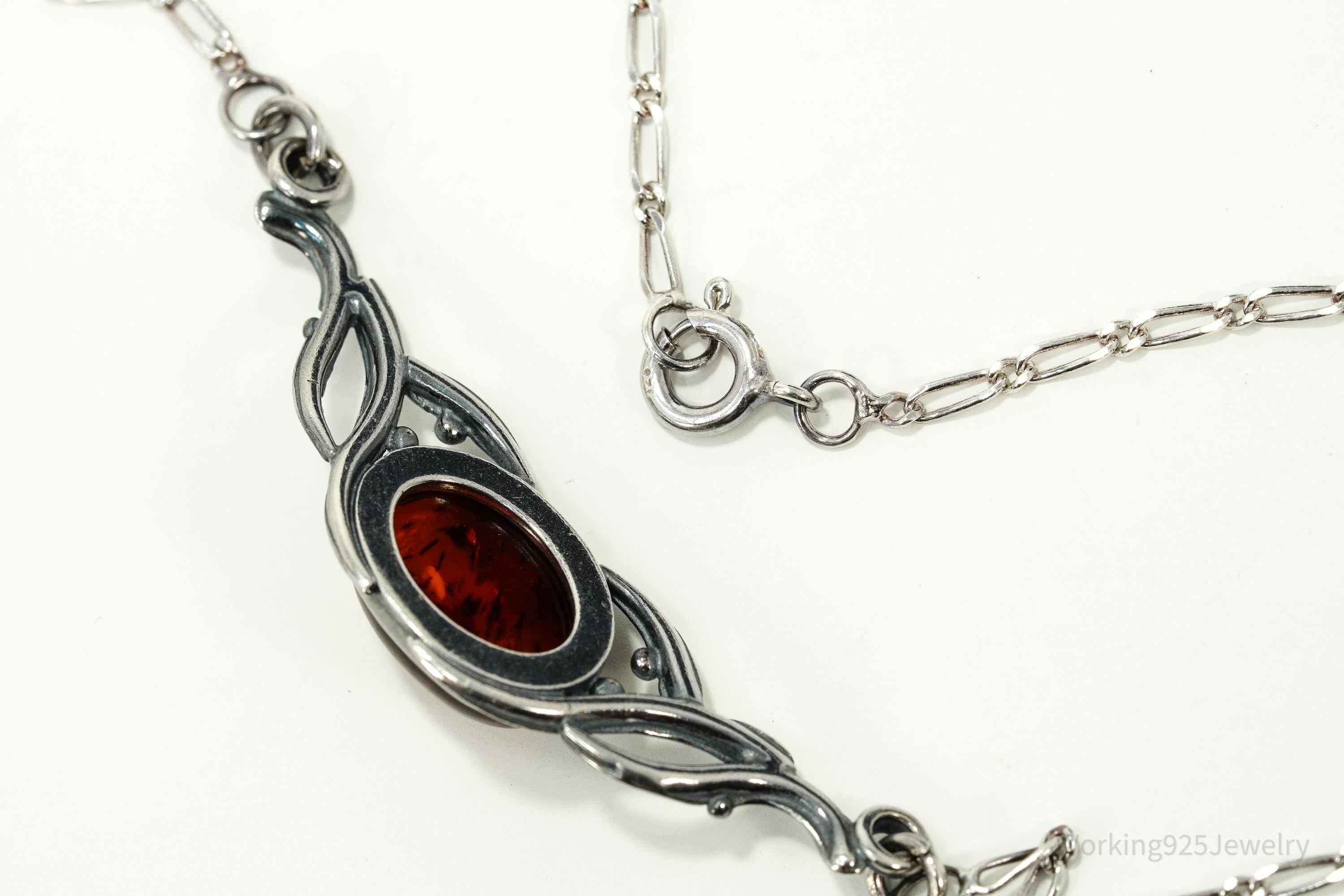 Vintage Amber Sterling Silver Necklace 16"