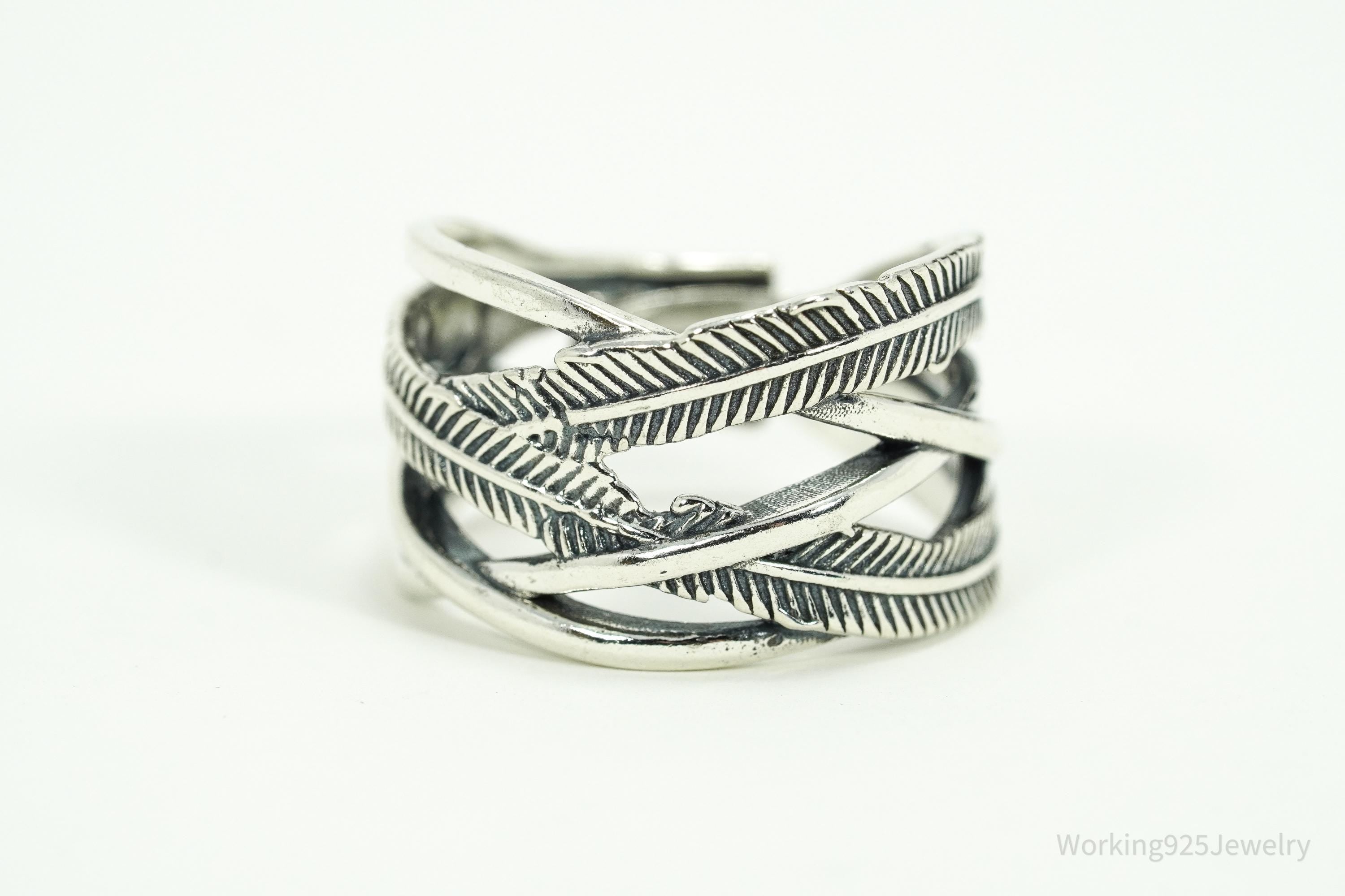 Vintage Feather Wrap Southwestern Sterling Silver Ring - Size 9.25 Adjustable