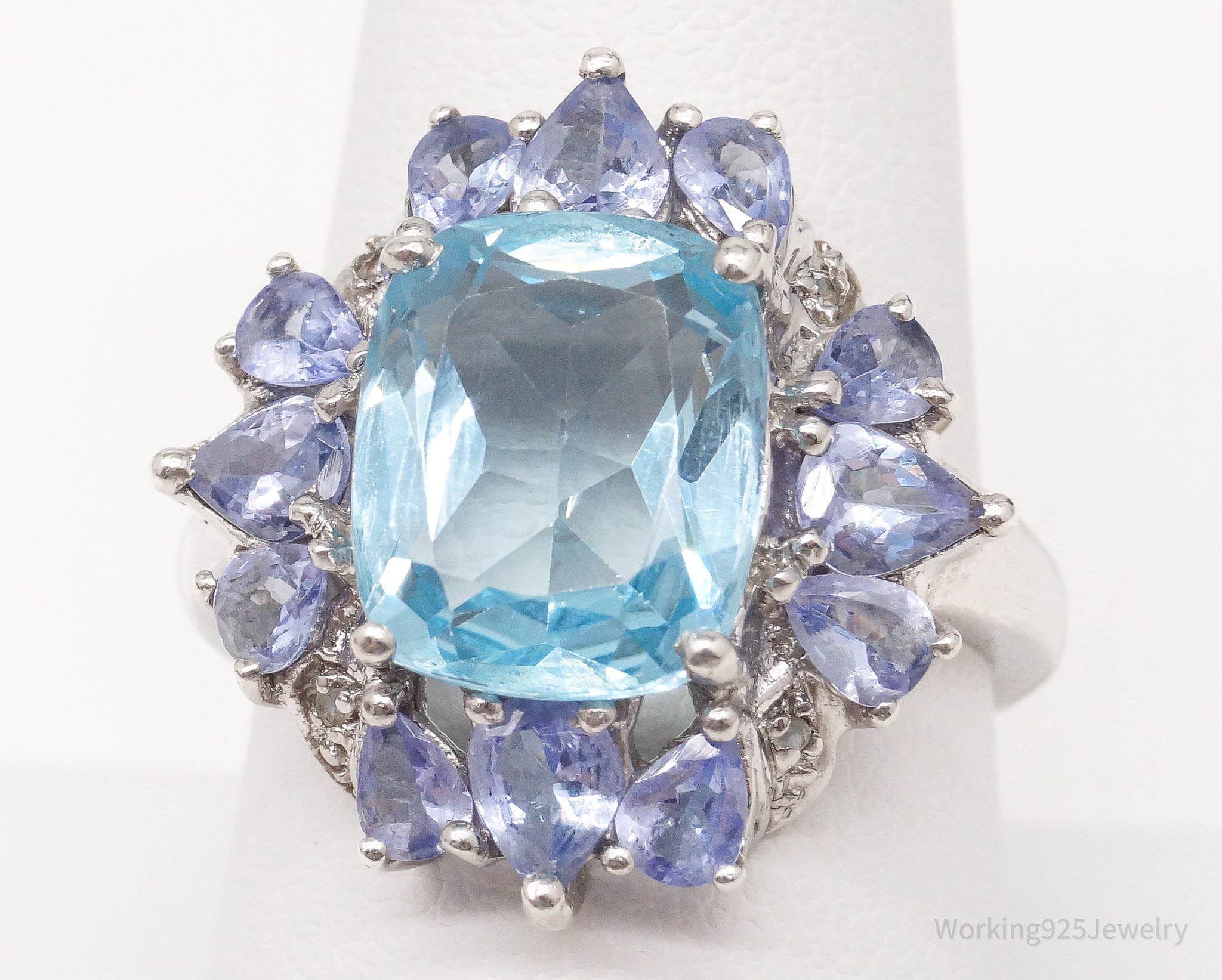 Vintage Iolite Blue & White Topaz Sterling Silver Ring - Size 9