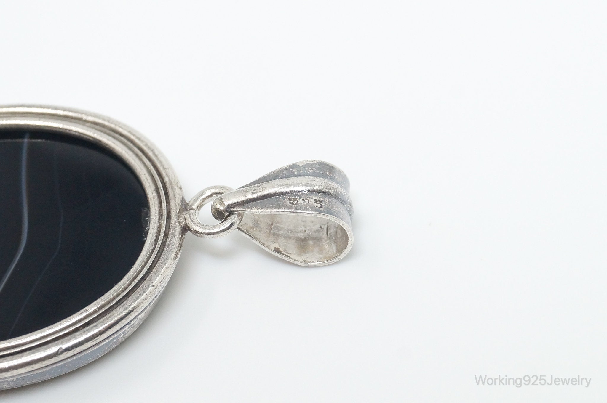 Vintage Large Black Lace Agate Sterling Silver Pendant