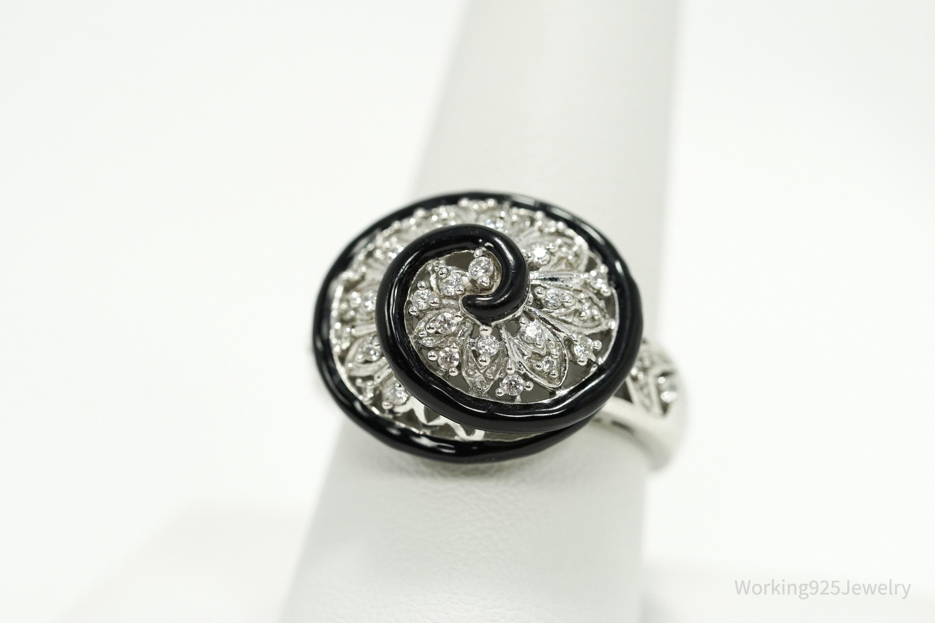 Vintage Designer Cubic Zirconia & Enamel Spiral Sterling Silver Ring - Size 9