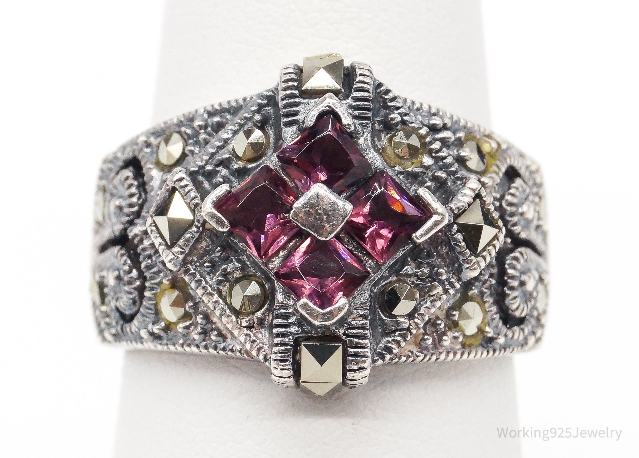 Vintage Rhodolite Garnet Marcasite Sterling Silver Ring - Size 6.75