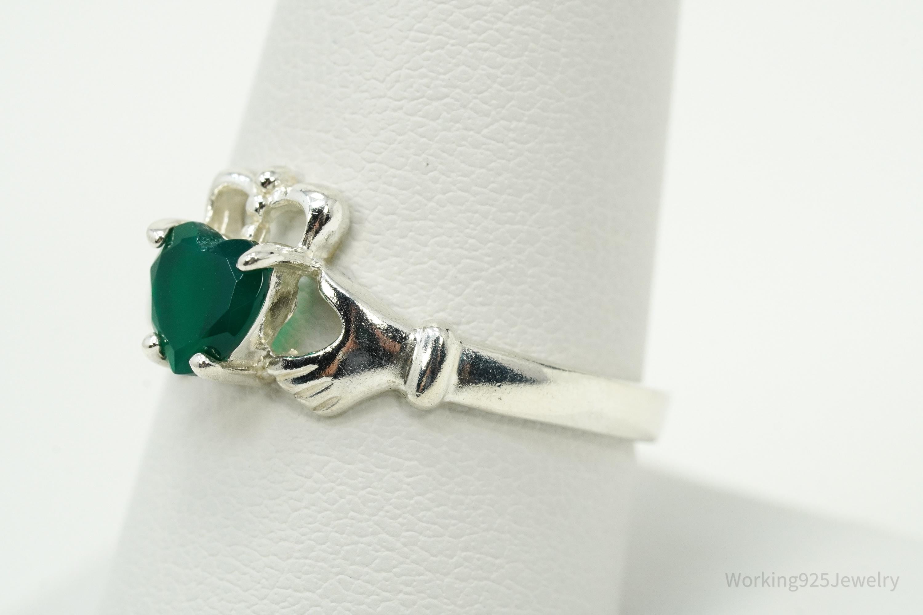 Vintage Green Onyx Heart Claddagh Sterling Silver Ring - Size 9