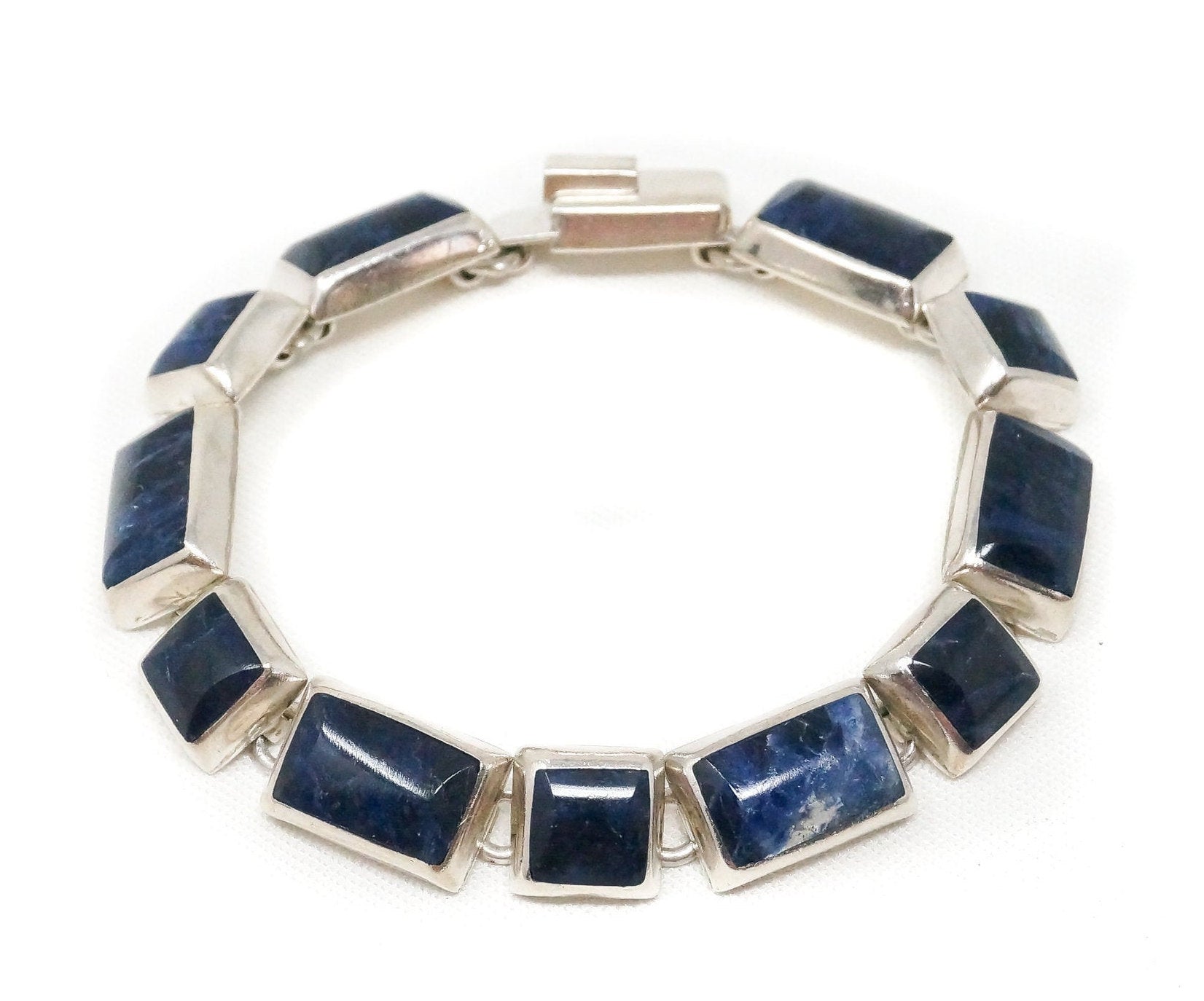 Vintage Mexico Designer Modernist Blue Sodalite 950 Silver Cuff Bracelet