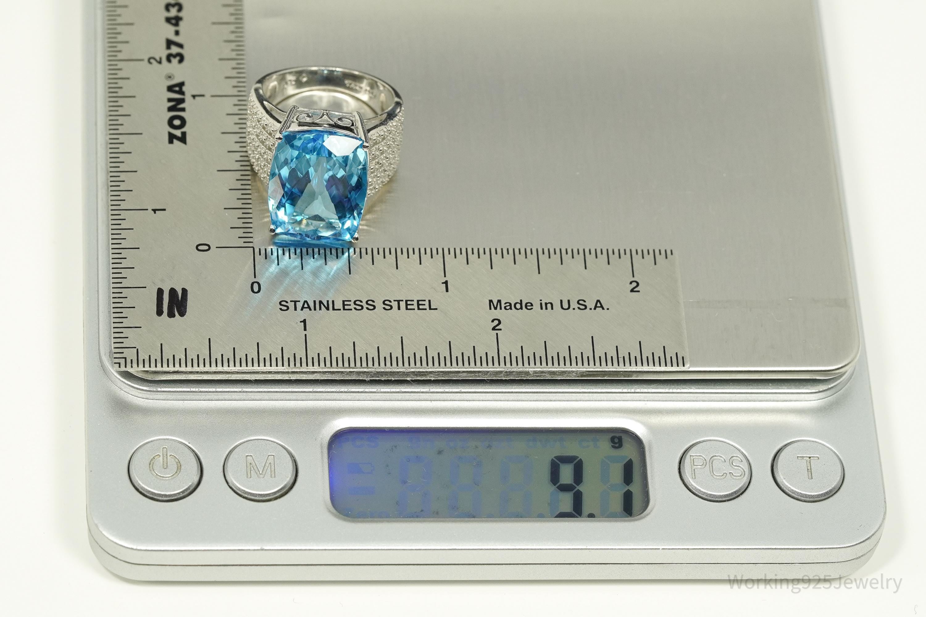 Vintage Large Blue Topaz Sterling Silver Ring - Size 7