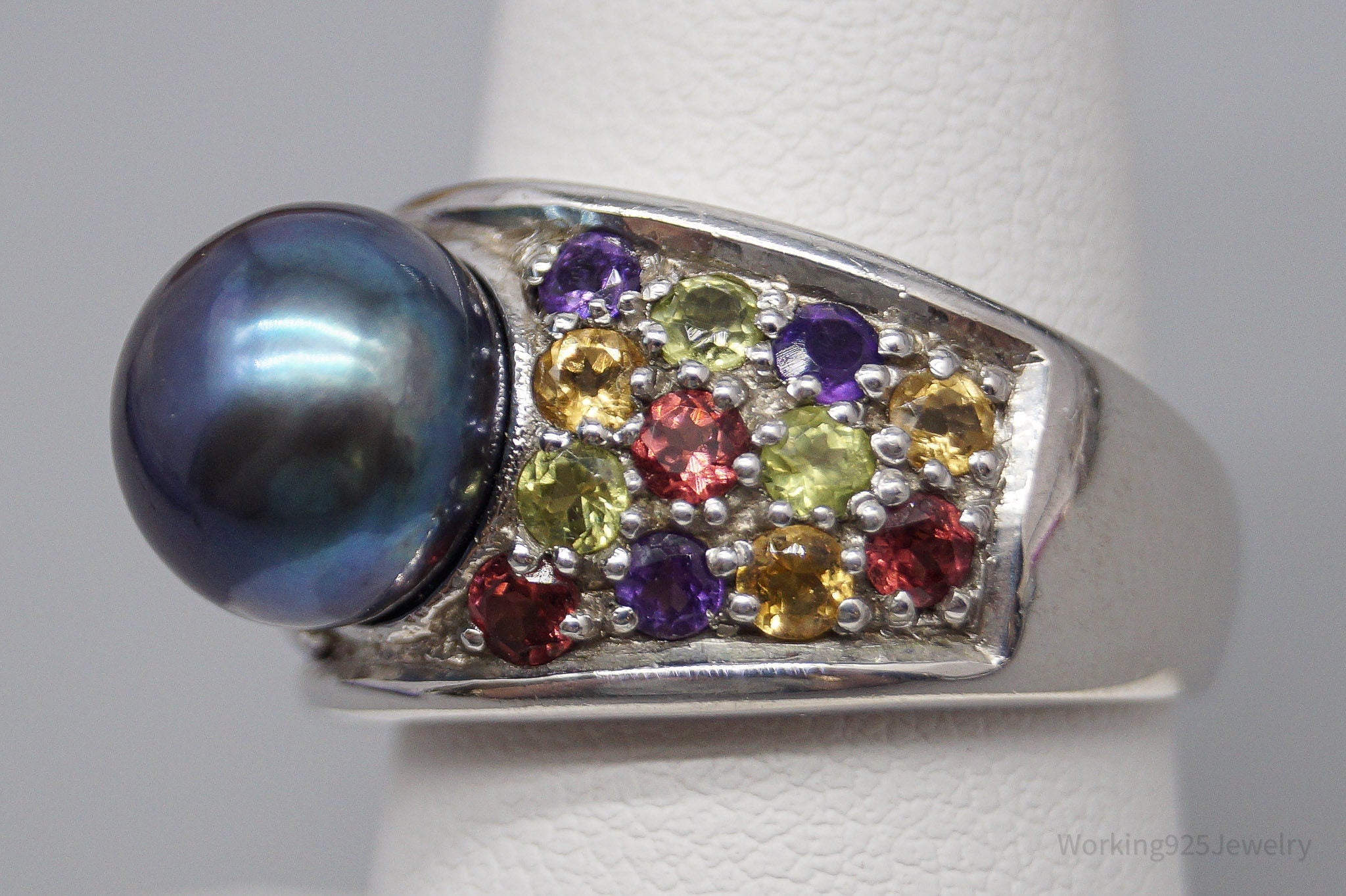 Vintage Designer Pearl & Multi Gem Sterling Silver Ring - Size 8