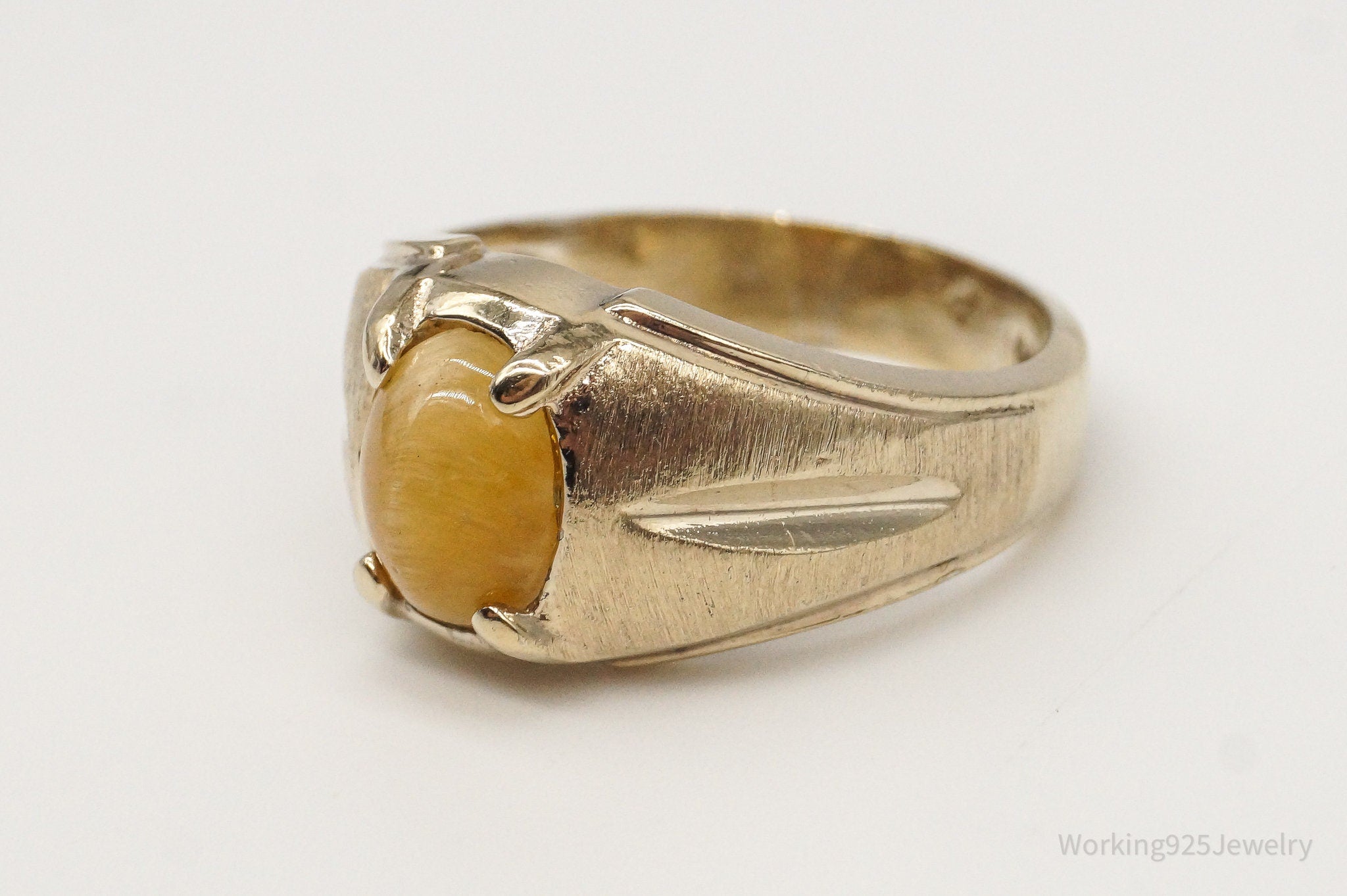 Vintage Yellow Cat's Eye Apatite Gold Vermeil Sterling Silver Ring Size 7.75