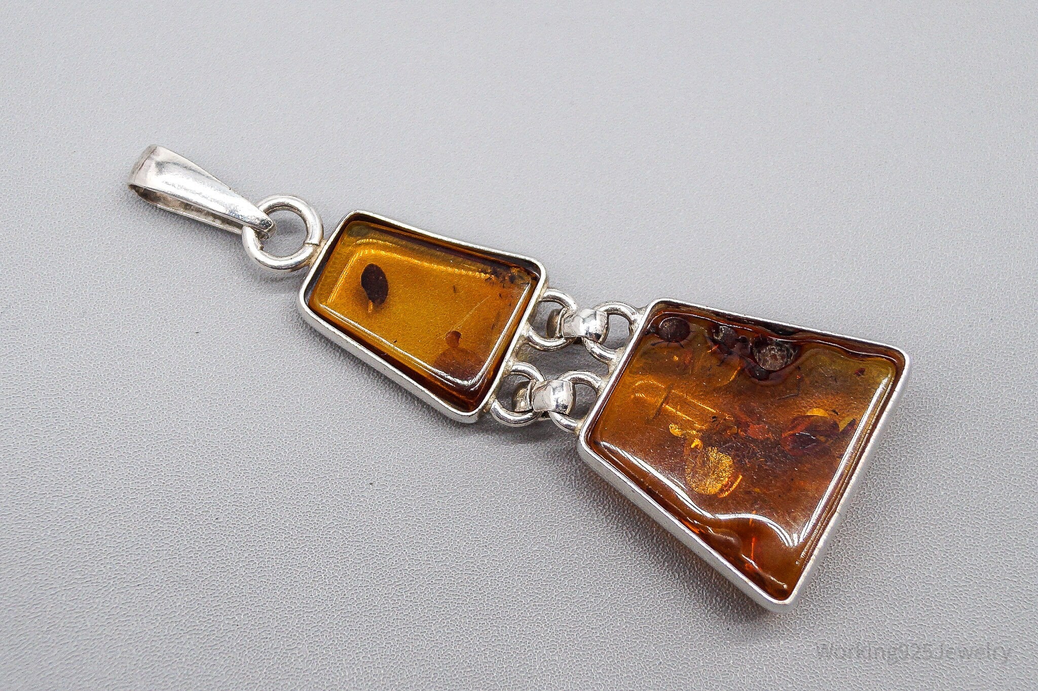 Large Vintage Amber Silver Necklace Pendant