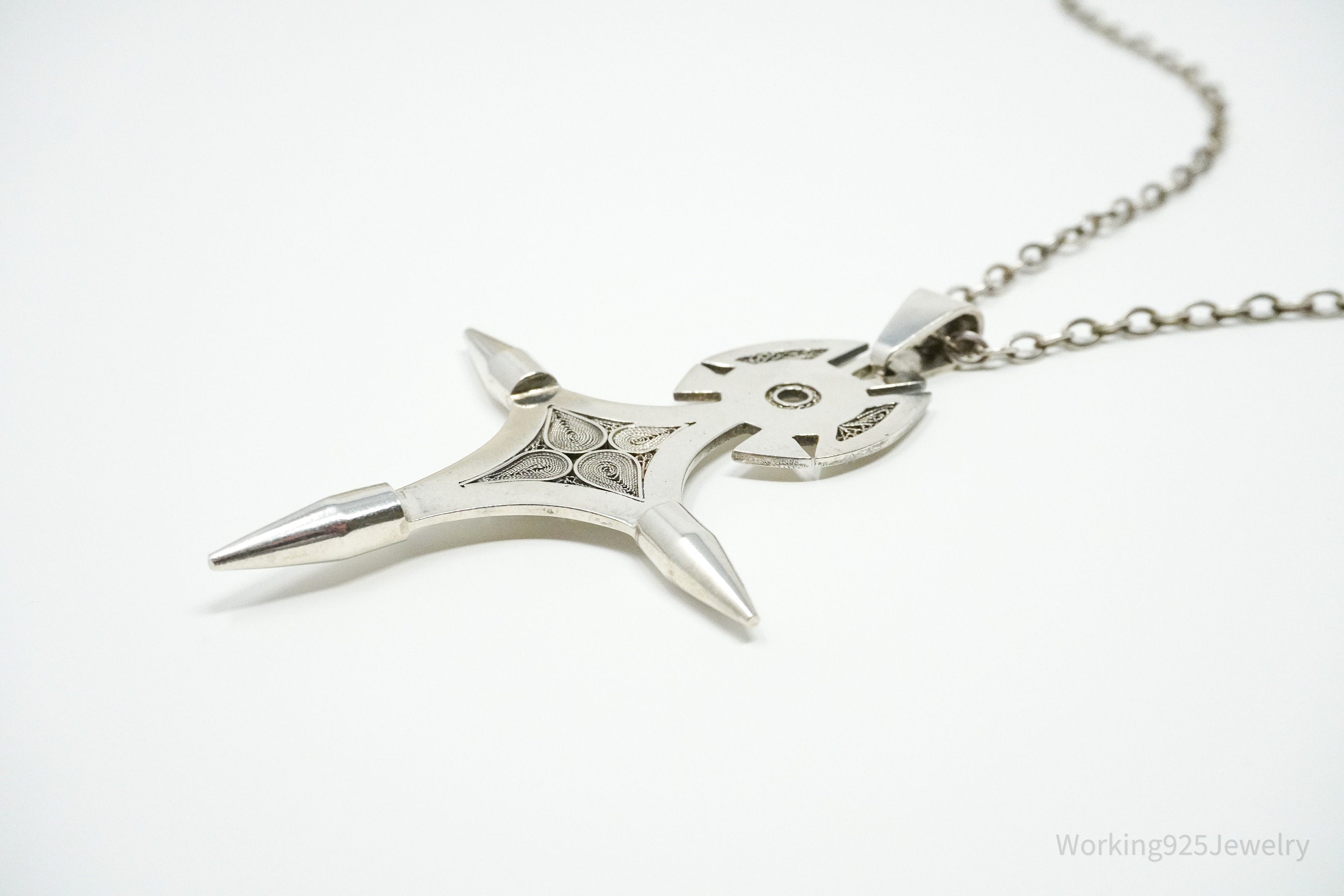 Vintage Large African Cross Silver Necklace 24"