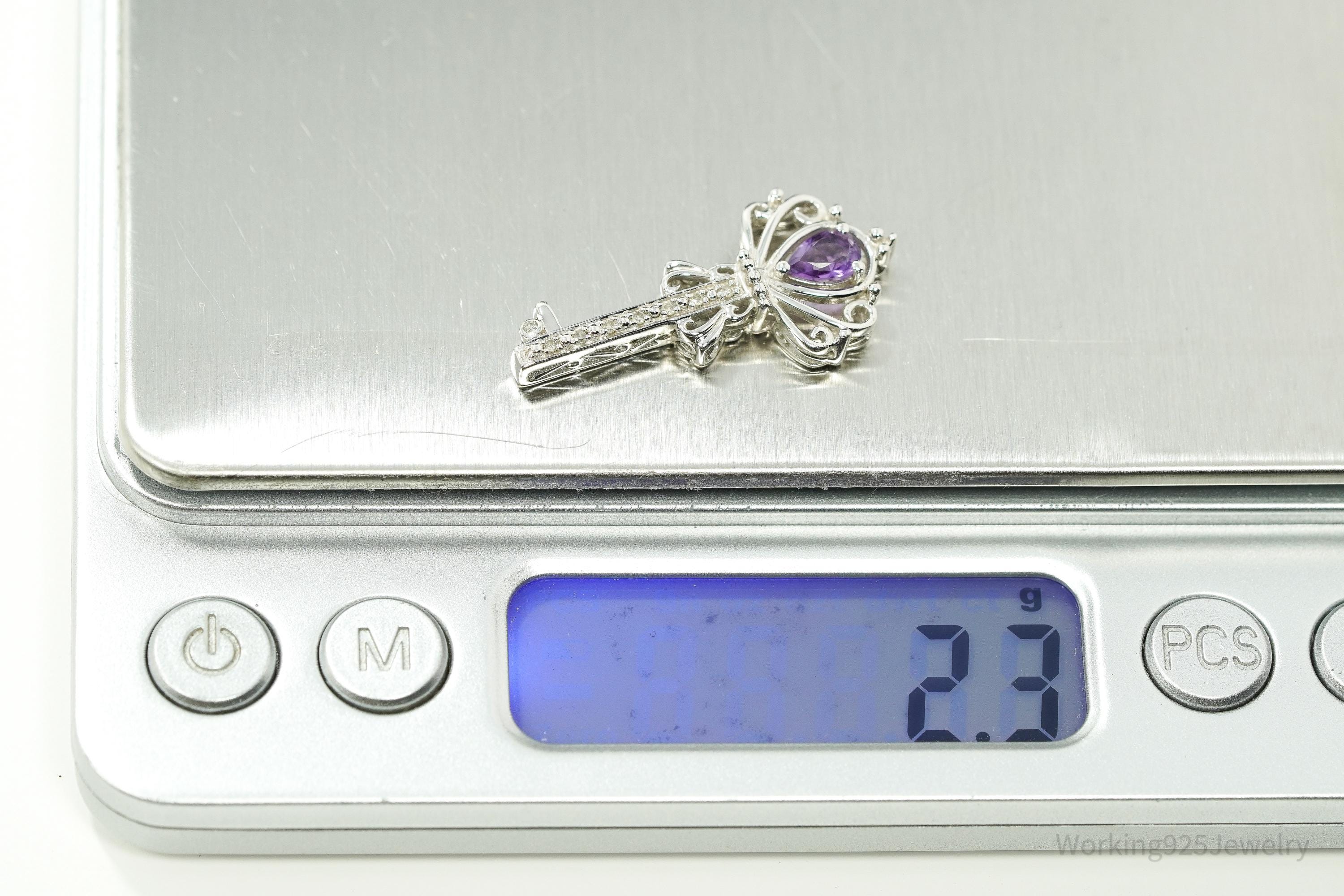 Vintage Large Designer Amethyst & Diamond Skelton Key Sterling Silver Necklace Pendant