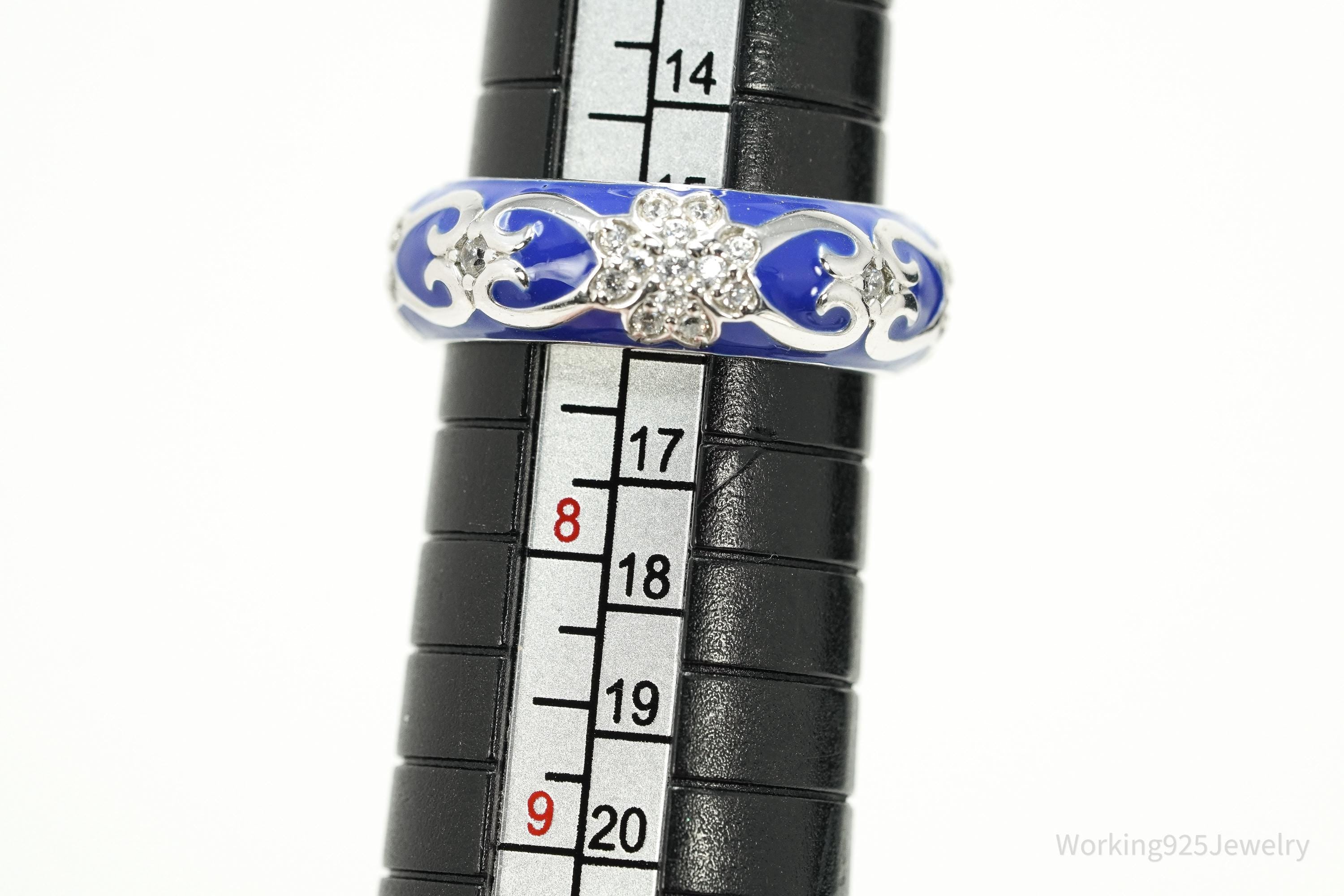 Y2K Blue Enamel & Cubic Zirconia Sterling Silver Band Ring – Size 7.25