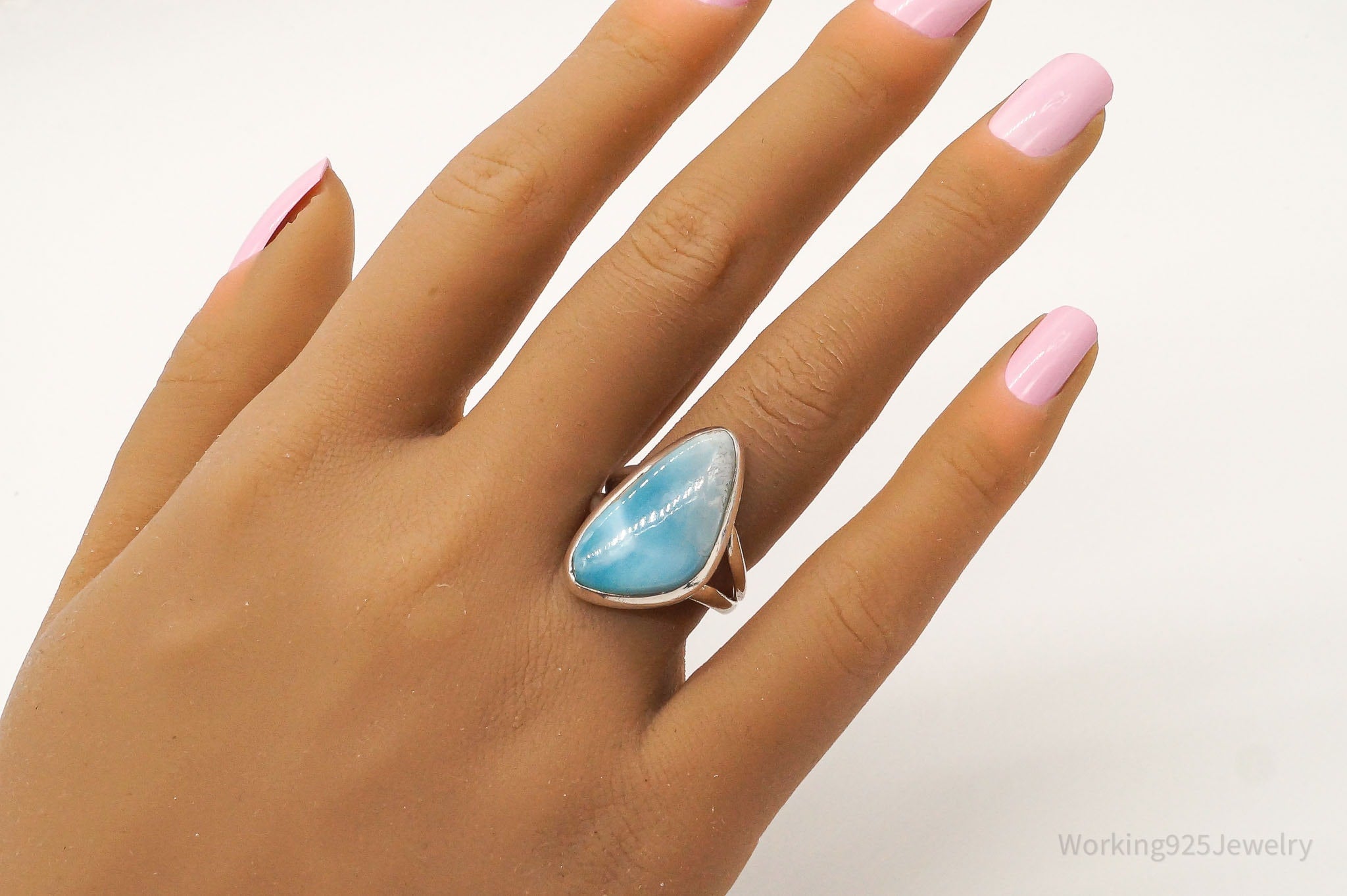 Vintage Large Blue Larimar Sterling Silver Ring - Size 7.5