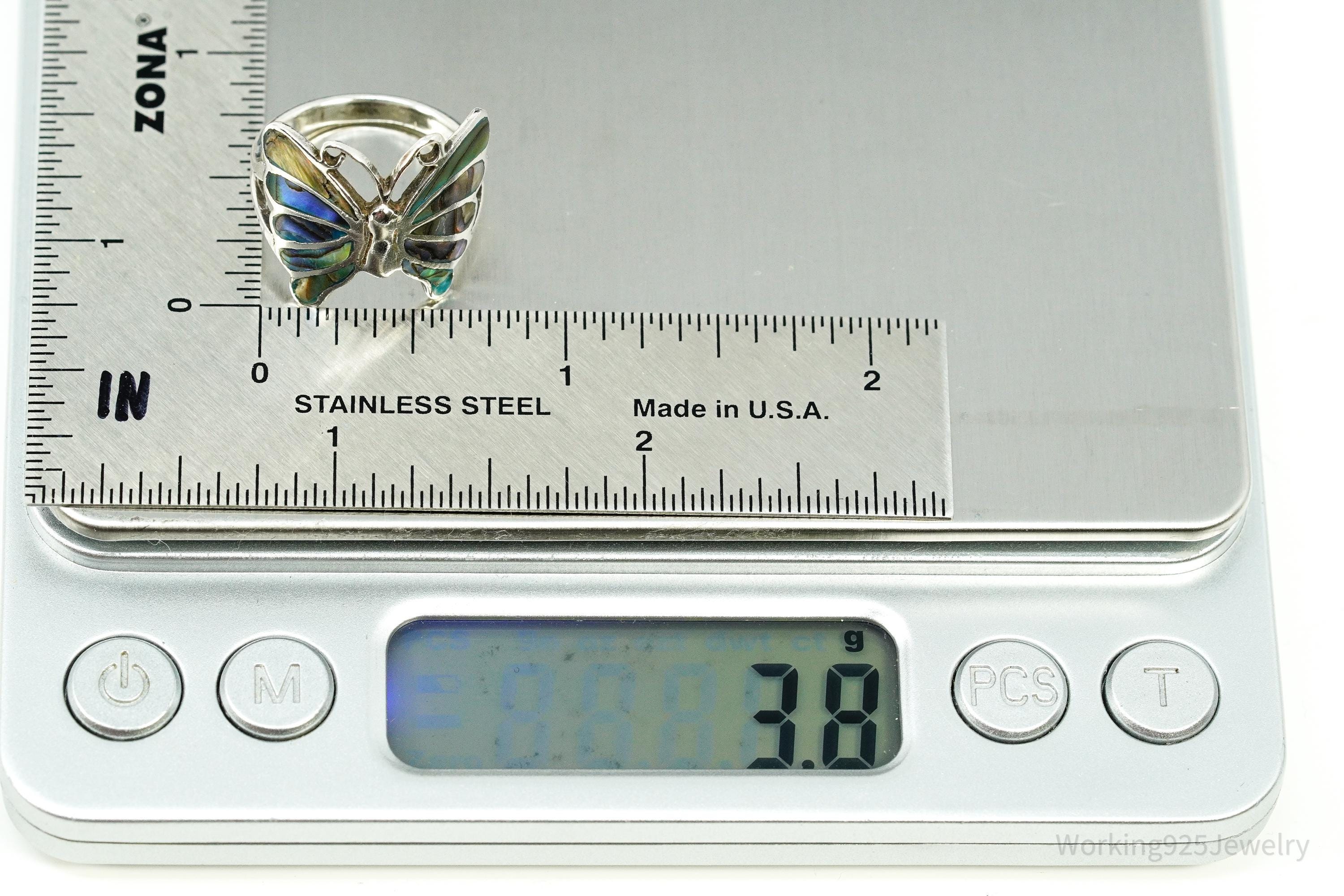 Vintage Abalone Paua Shell Inlay Sterling Silver Butterfly Ring - Size 7