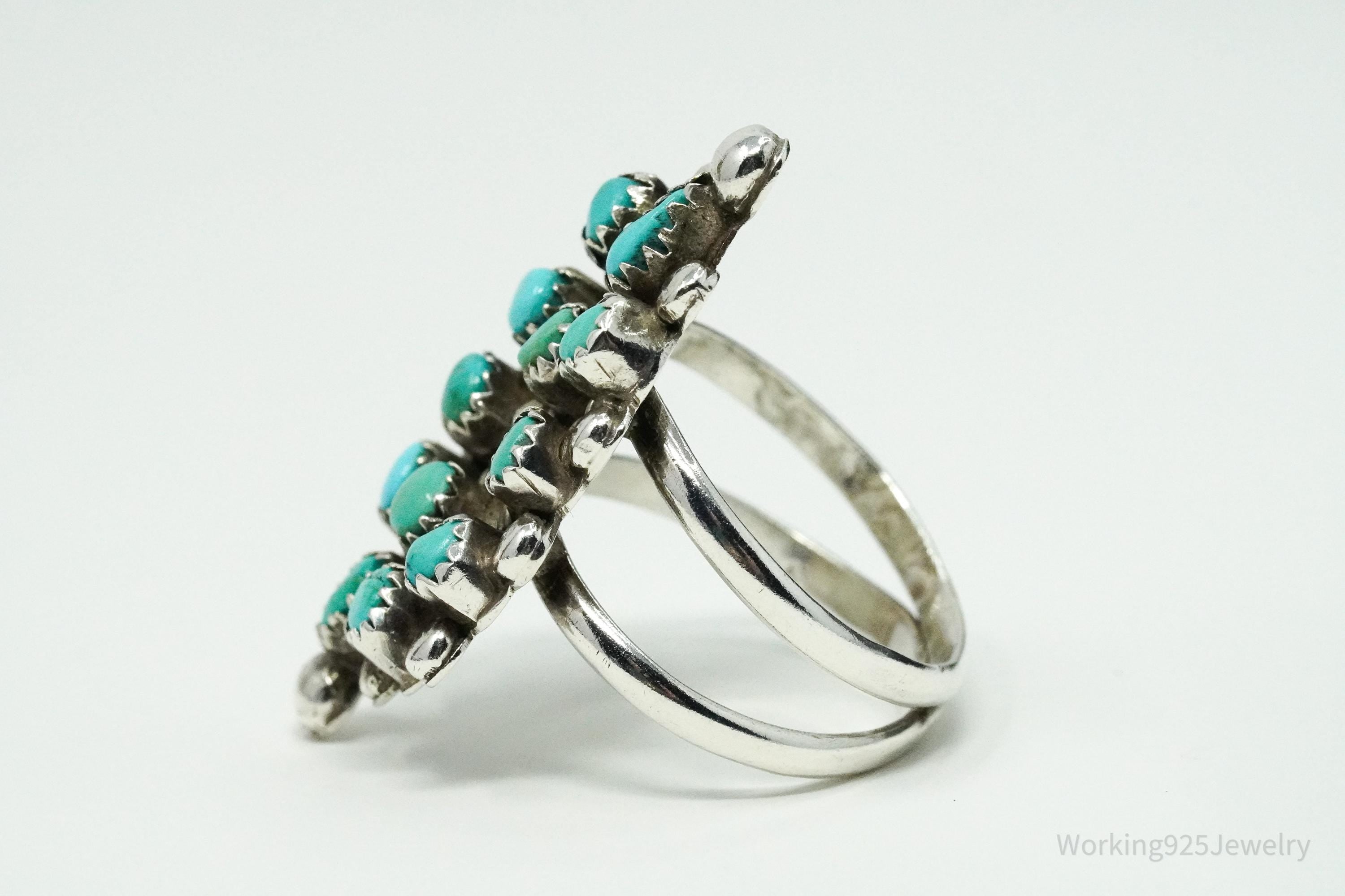 Vintage Handmade Native American Turquoise Inlay Unsigned Silver Ring - Size 10.75