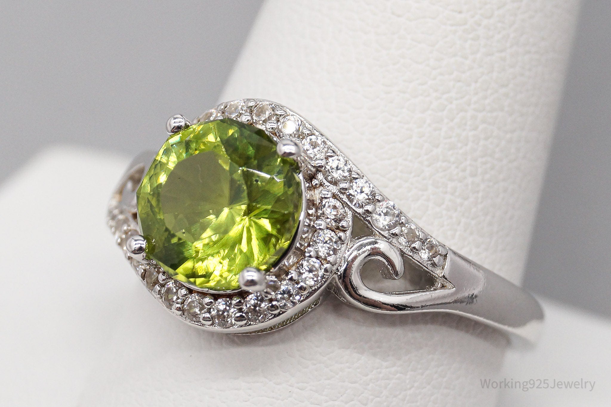 BBJ Manchurian Peridot White Zircon Rhodium Over Sterling Silver Ring - Size 12