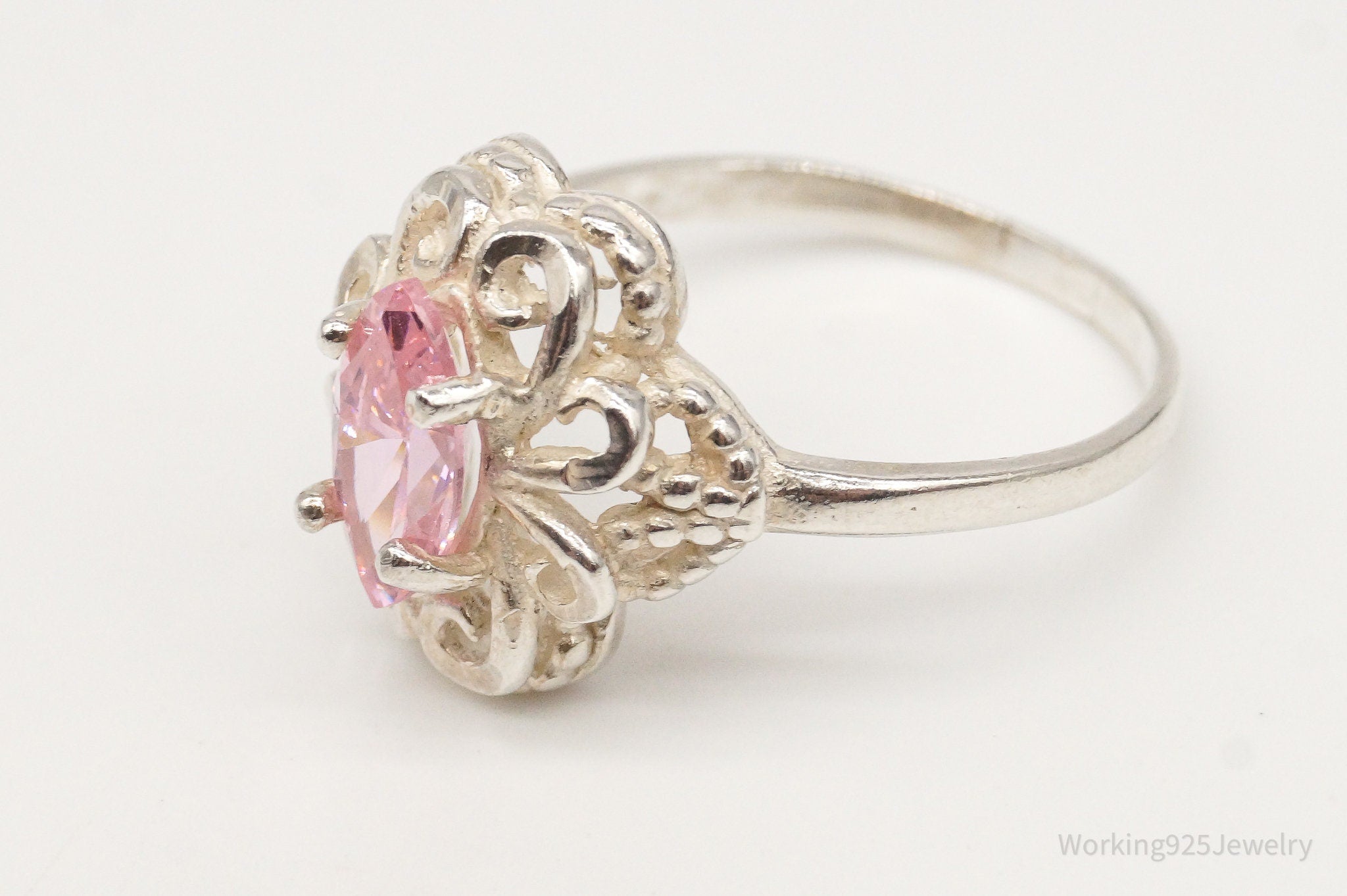 Vintage Pink Cubic Zirconia Sterling Silver Ring - Size 9.25