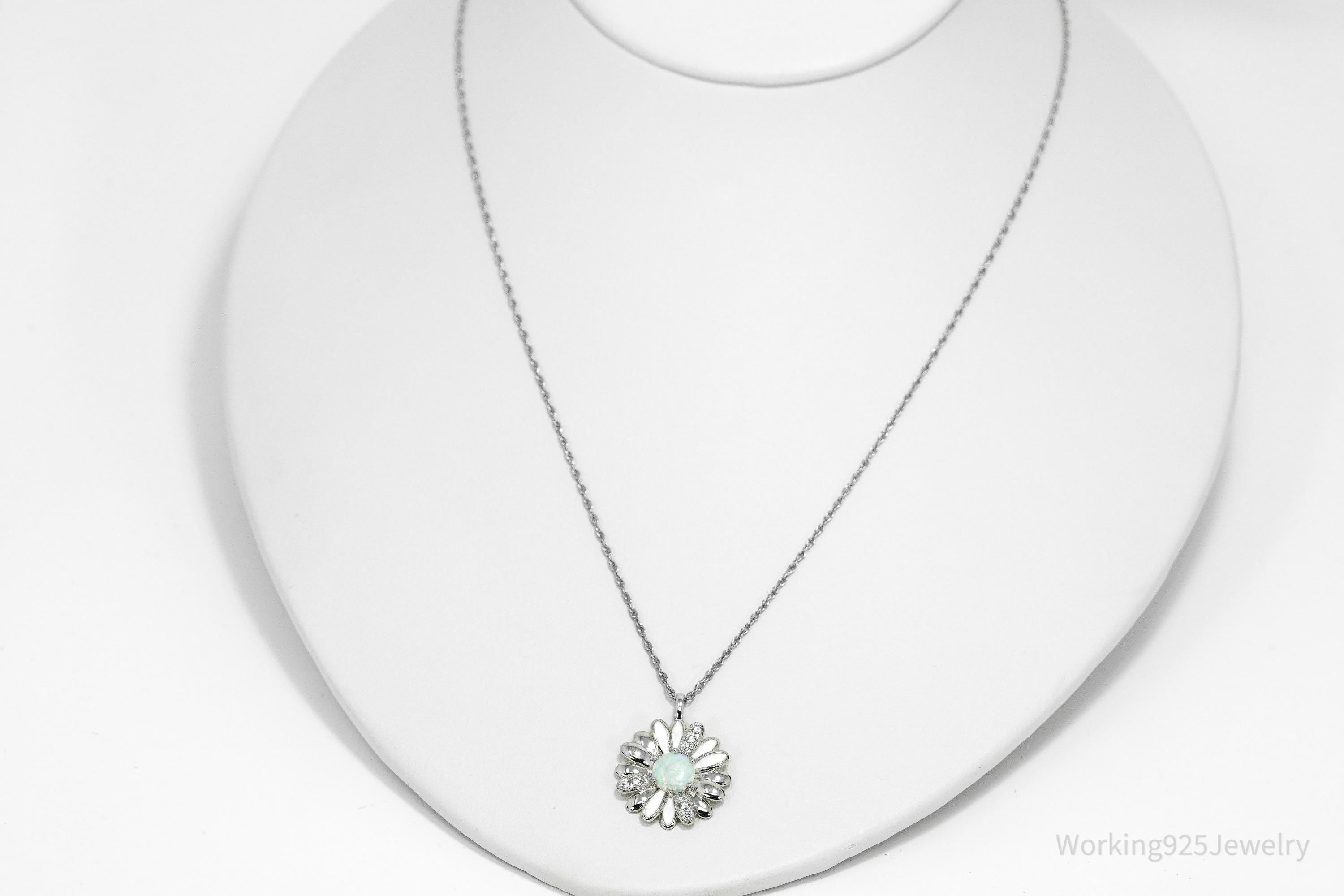 Opal & Cubic Zirconia Sterling Silver White Enamel Flower Chain Necklace 18"