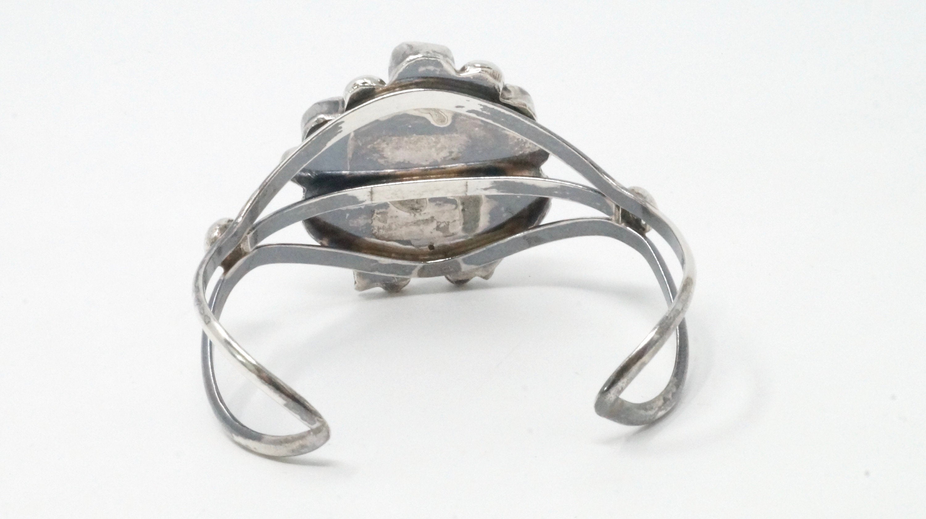 Vintage Malachite Mother of Pearl Sterling Silver Feather Design Cuff Bracelet