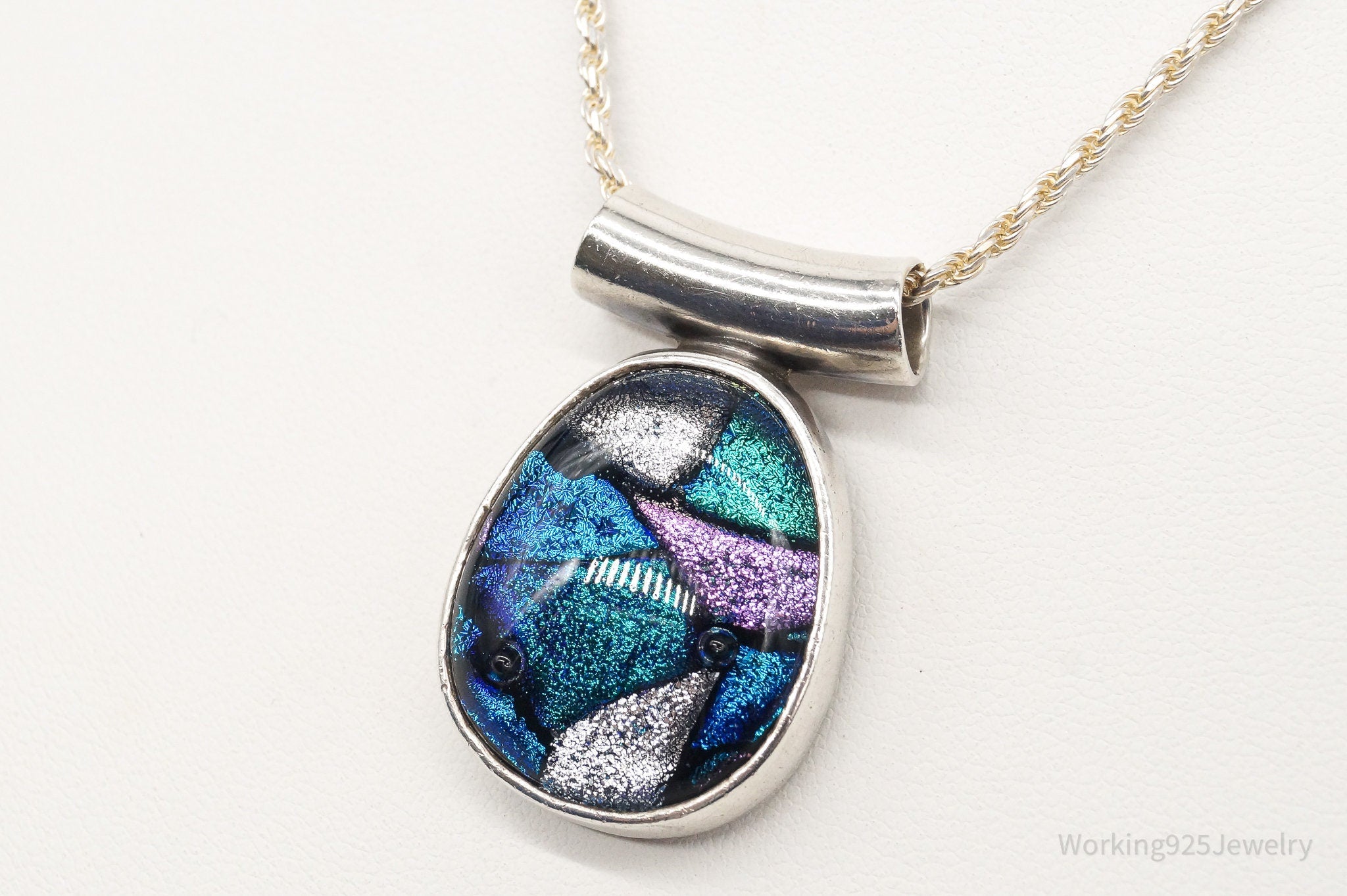 Vintage Large Dichroic Glass Sterling Silver Necklace