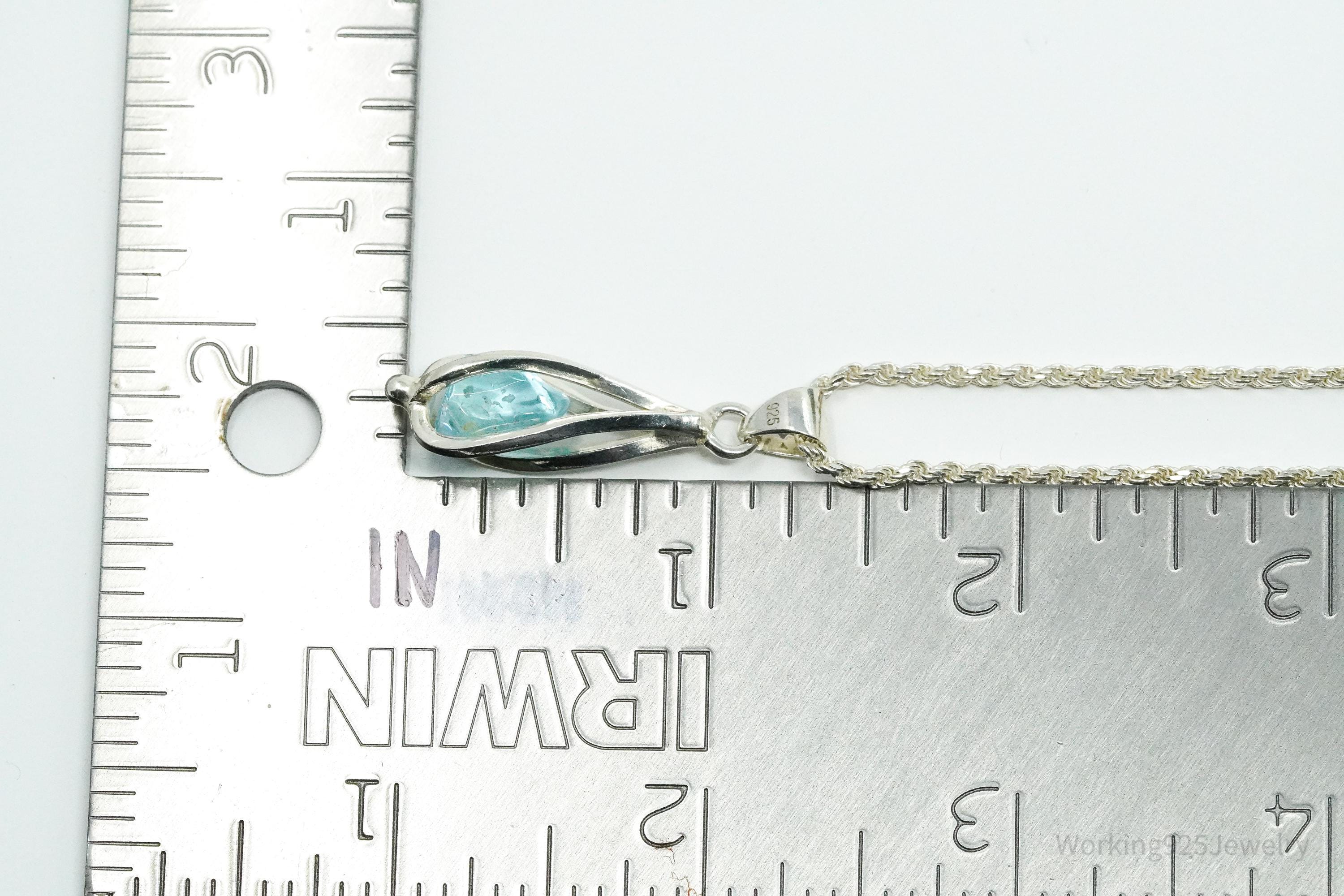 Vintage Caged Blue Stone Sterling Silver Necklace 18"