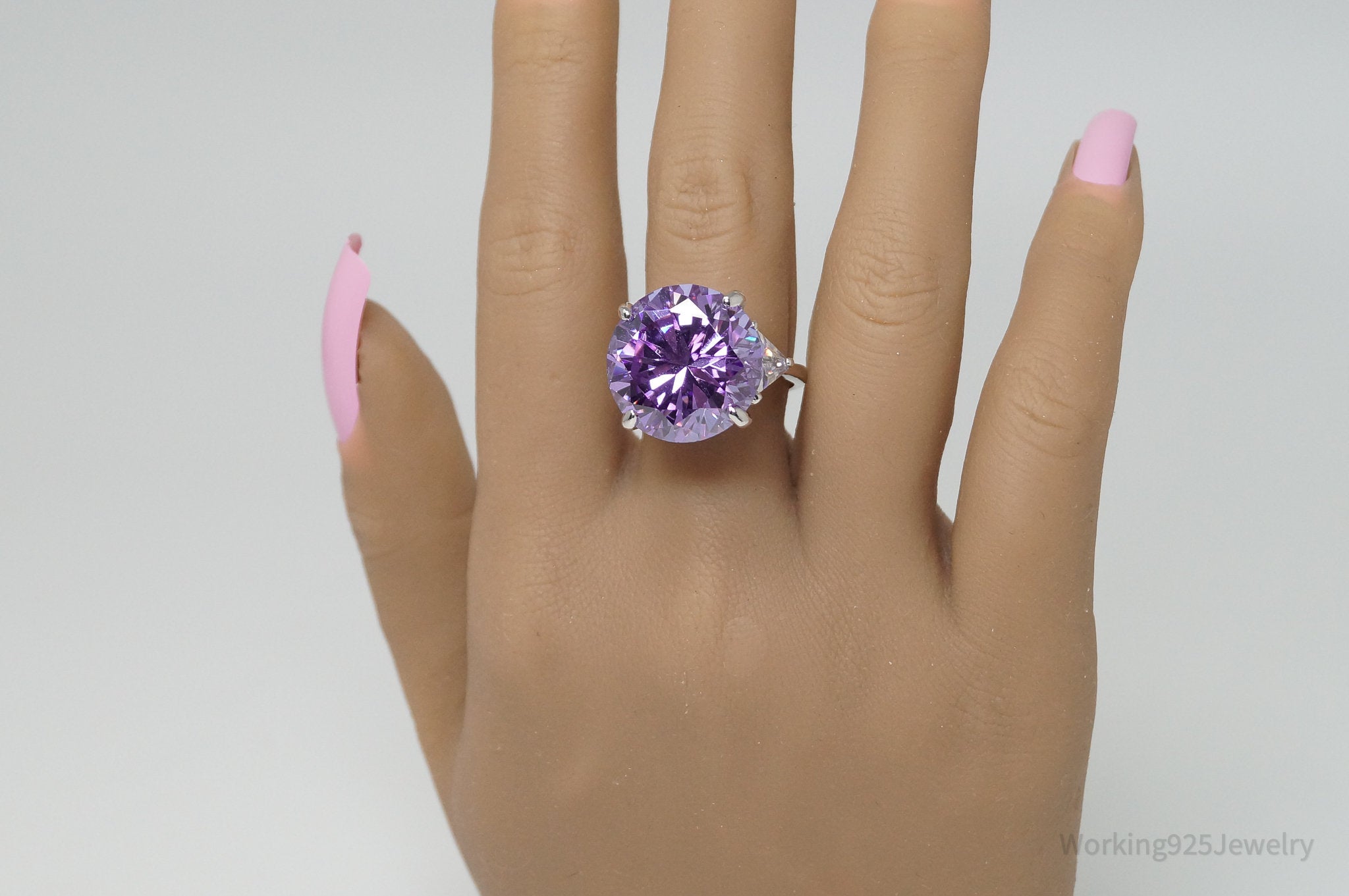 Vintage Purple & White Cubic Zirconia Sterling Silver Cocktail Ring - Sz 7.75