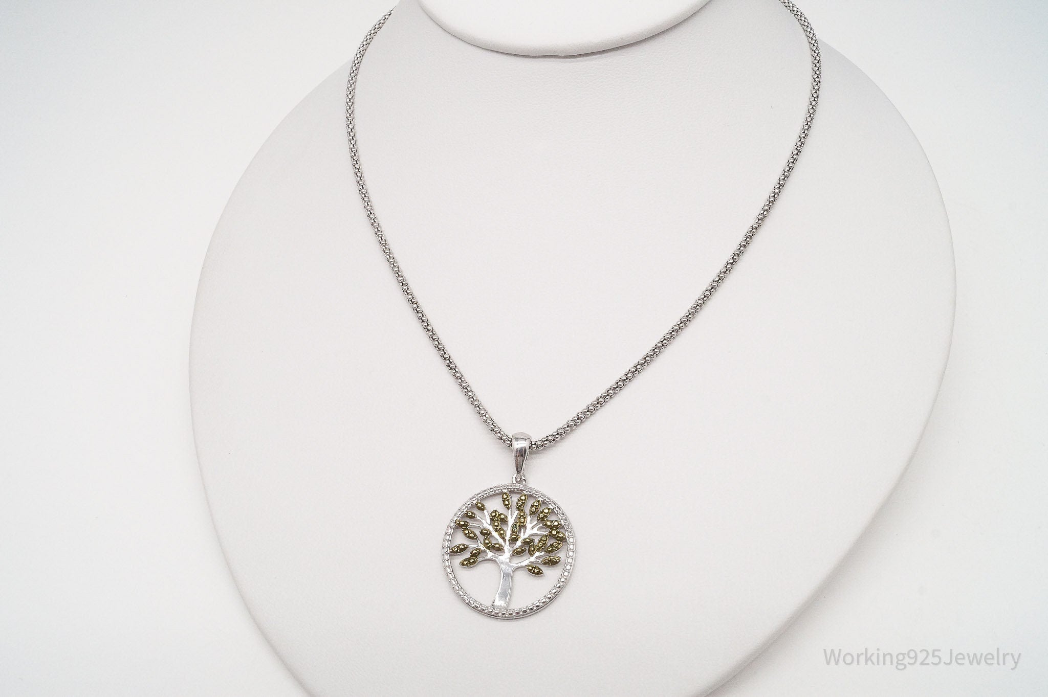 Vintage Tree Of Life Green Diamond Green Vermeil Sterling Silver Necklace 18"