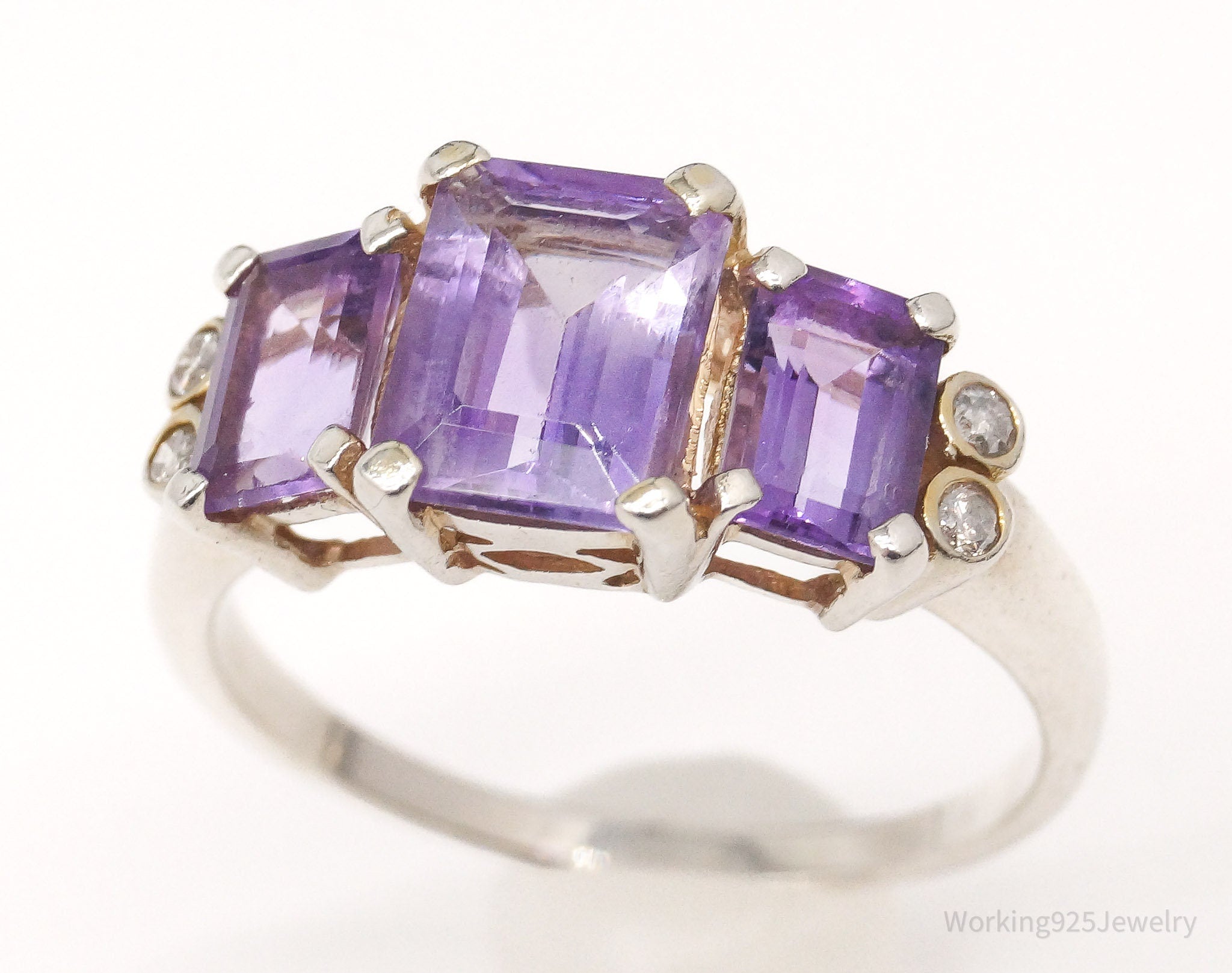 Vintage Amethyst Diamond Sterling Silver Ring - Size 7.75