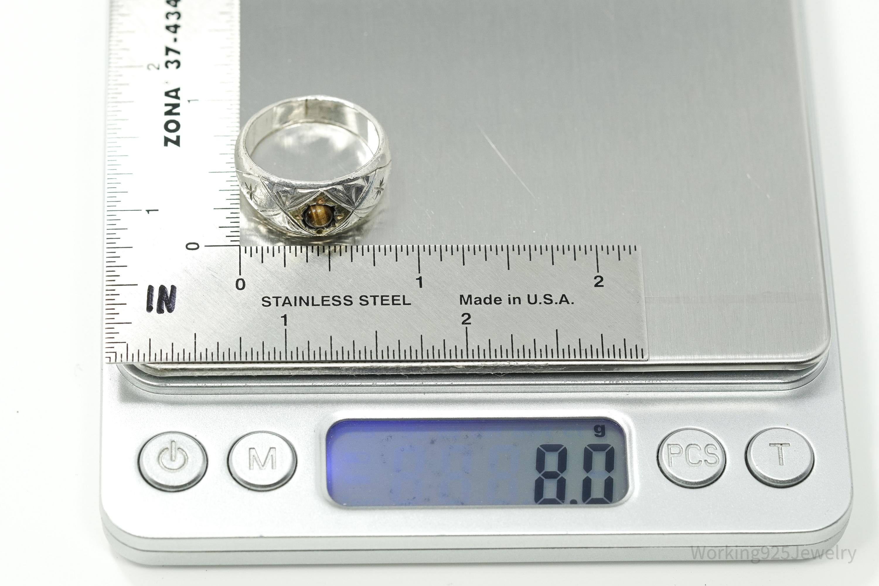 Antique Vintage Tigers Eye Gold Wash Silver Ring - Size 8.75