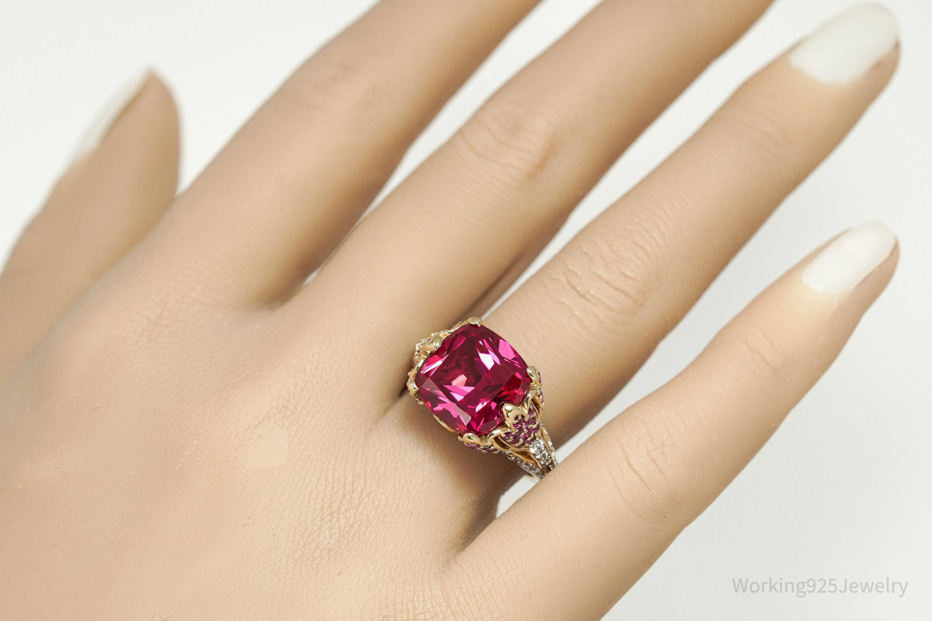 Lab Ruby Pink Tourmaline Sterling Silver Gold Vermeil Cocktail Statement Ring 8