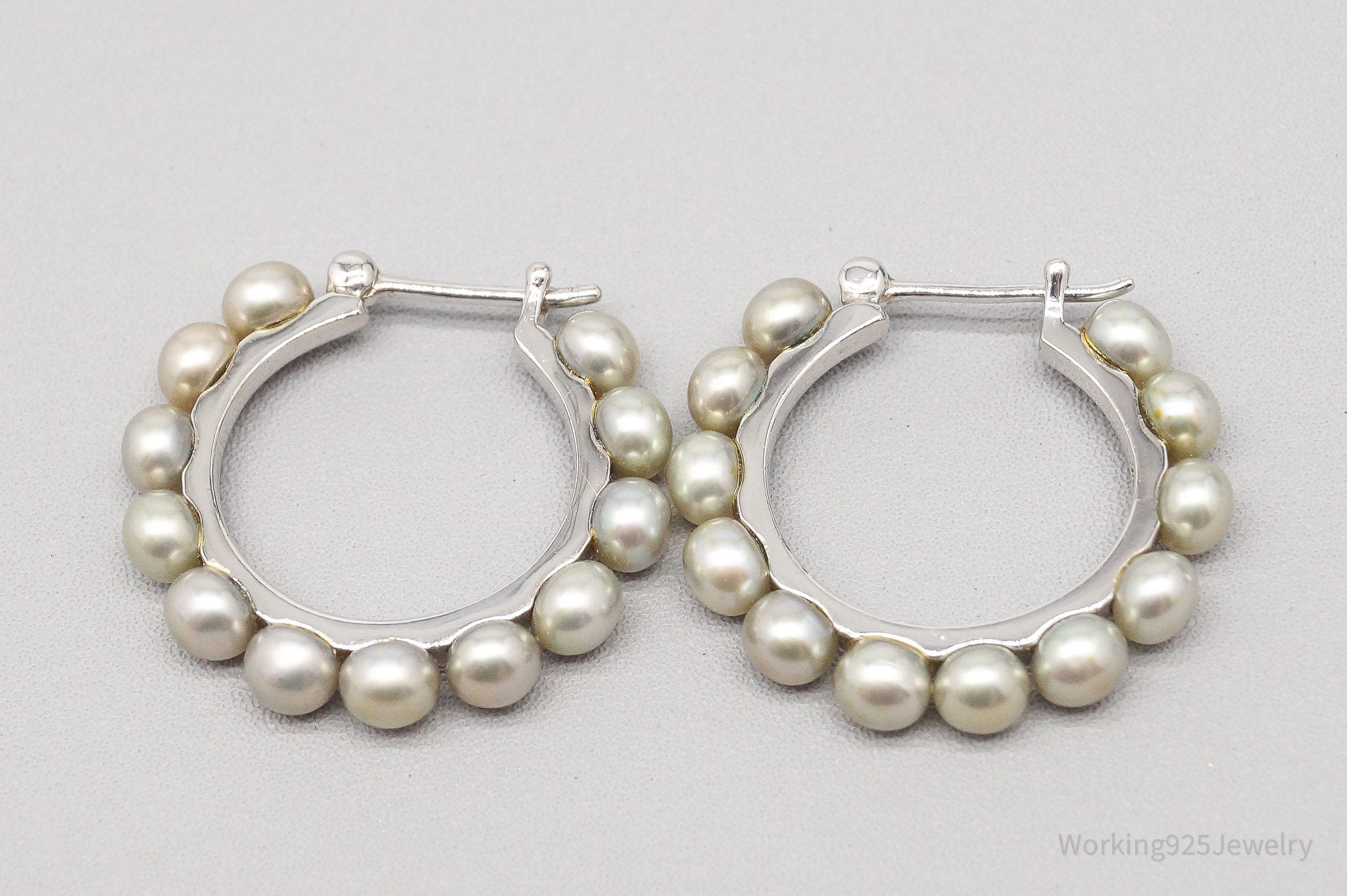 Vintage Pearl Sterling Silver Hoop Earrings