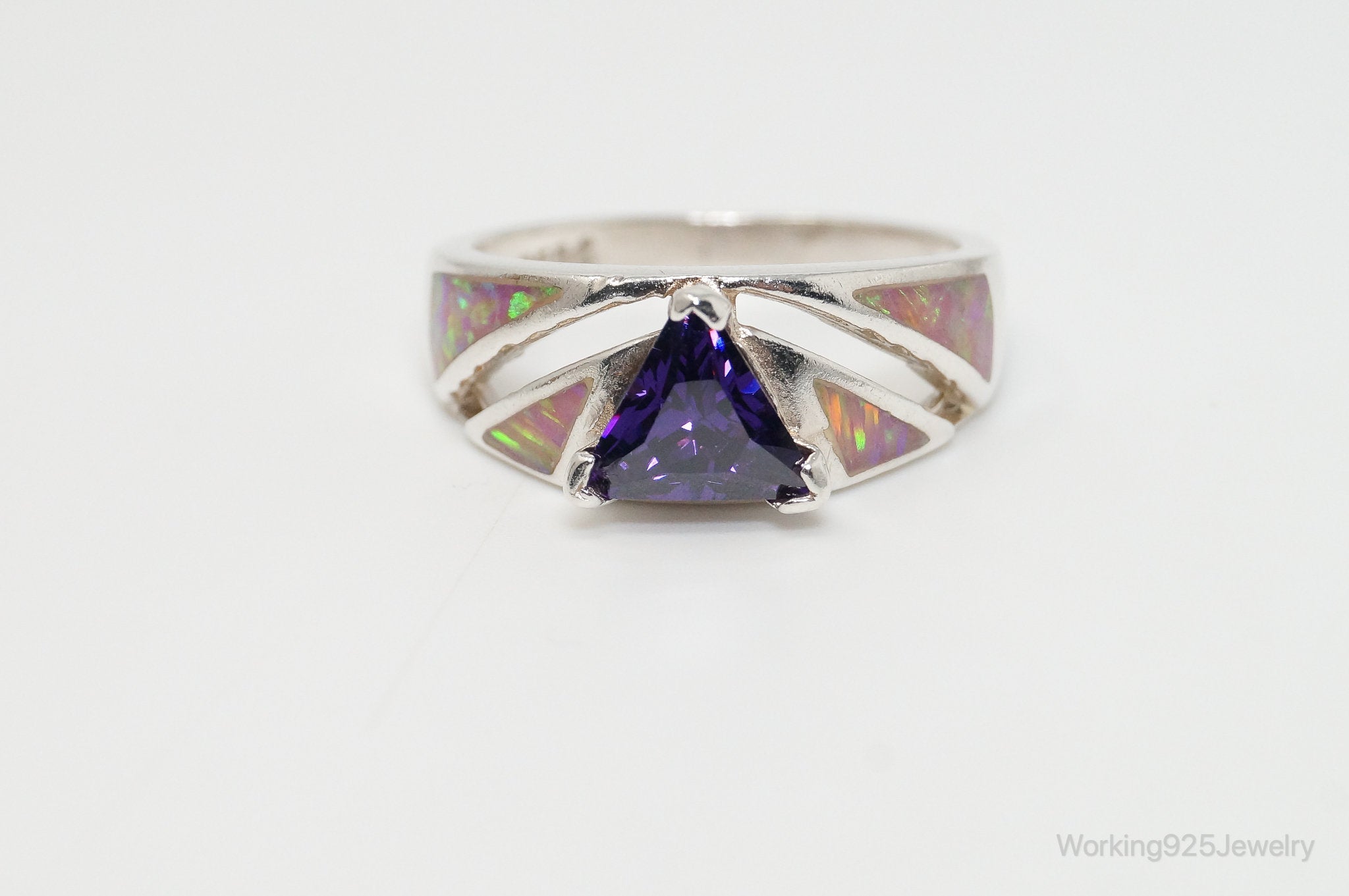 Vintage Mexico Purple CZ Ribbon Opal 950 Silver Ring - Size 7.25