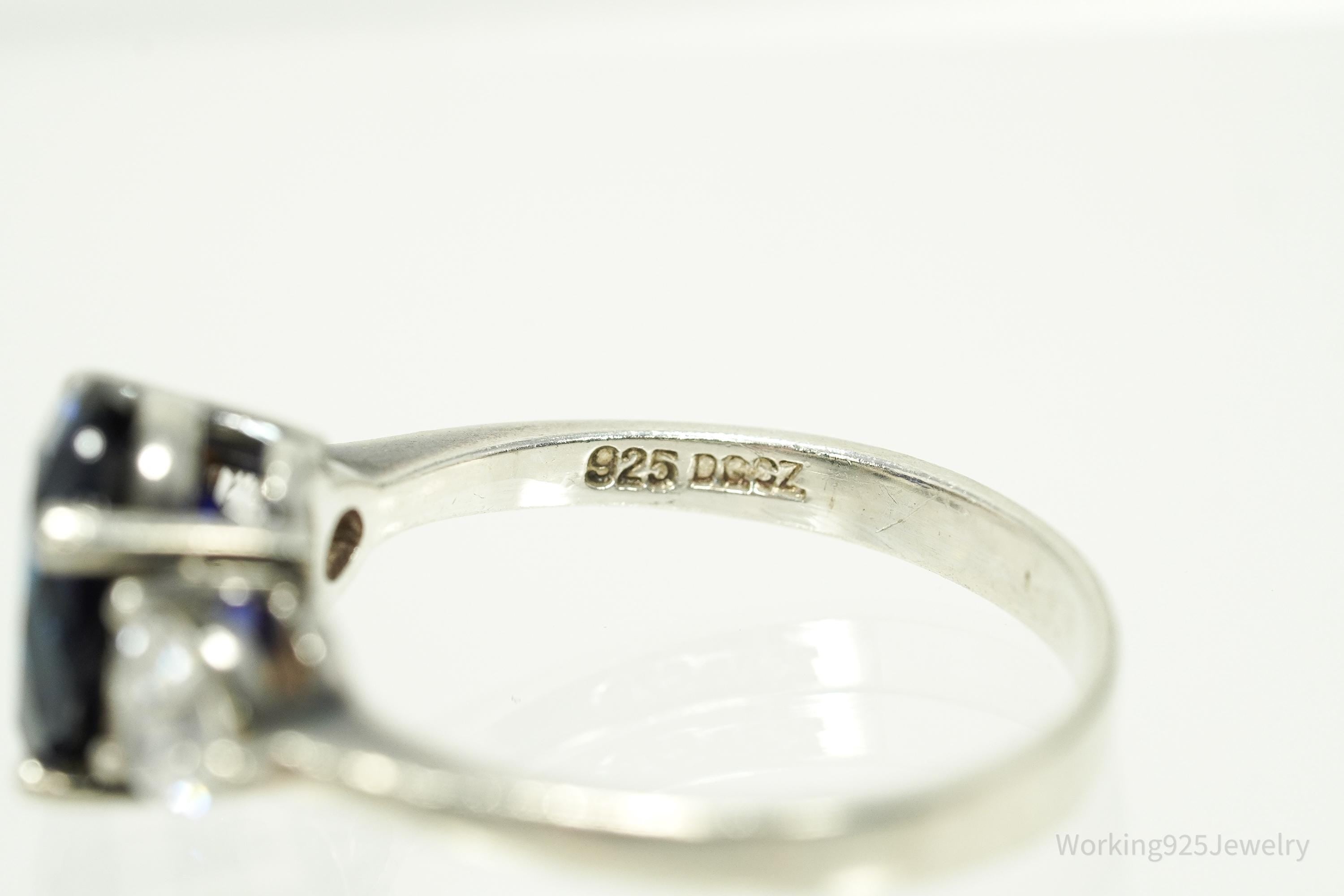 Vintage Lab Sapphire & Cubic Zirconia Sterling Silver Ring - Size 10.25